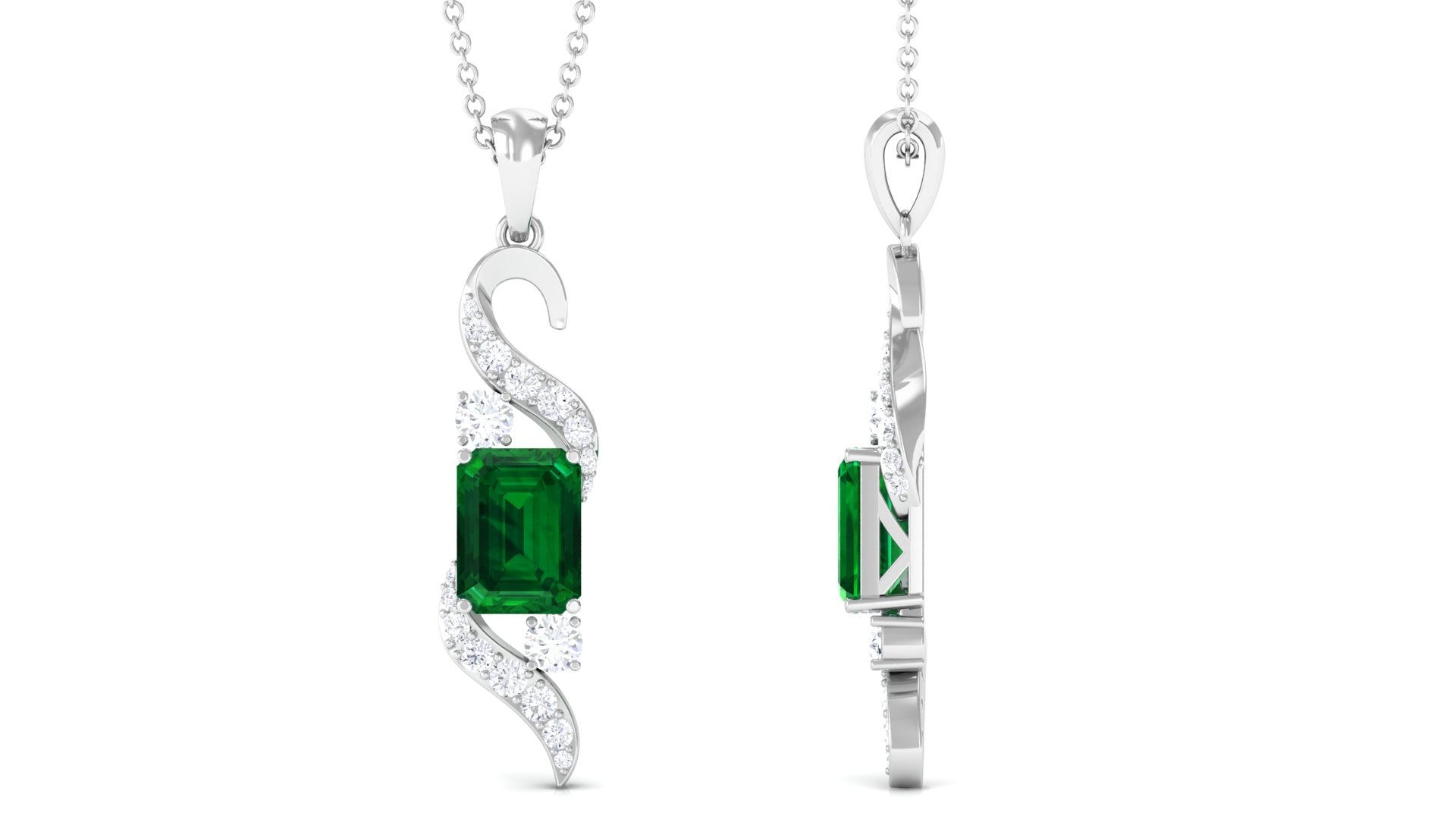 2.25 CT Octagon Cut Created Emerald Designer Drop Pendant with Diamond Lab Created Emerald - ( AAAA ) - Quality - Rosec Jewels