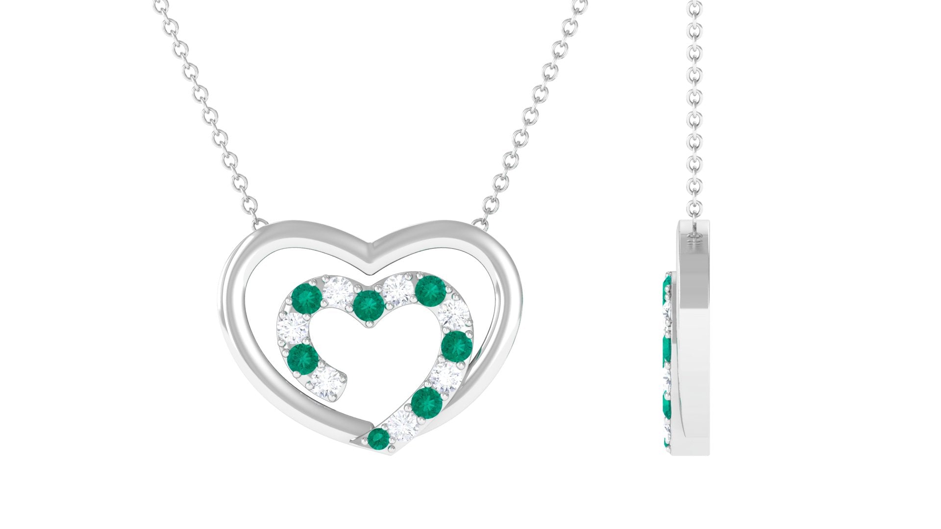 Emerald and Moissanite Twin Open Heart Necklace in Gold Emerald - ( AAA ) - Quality - Rosec Jewels