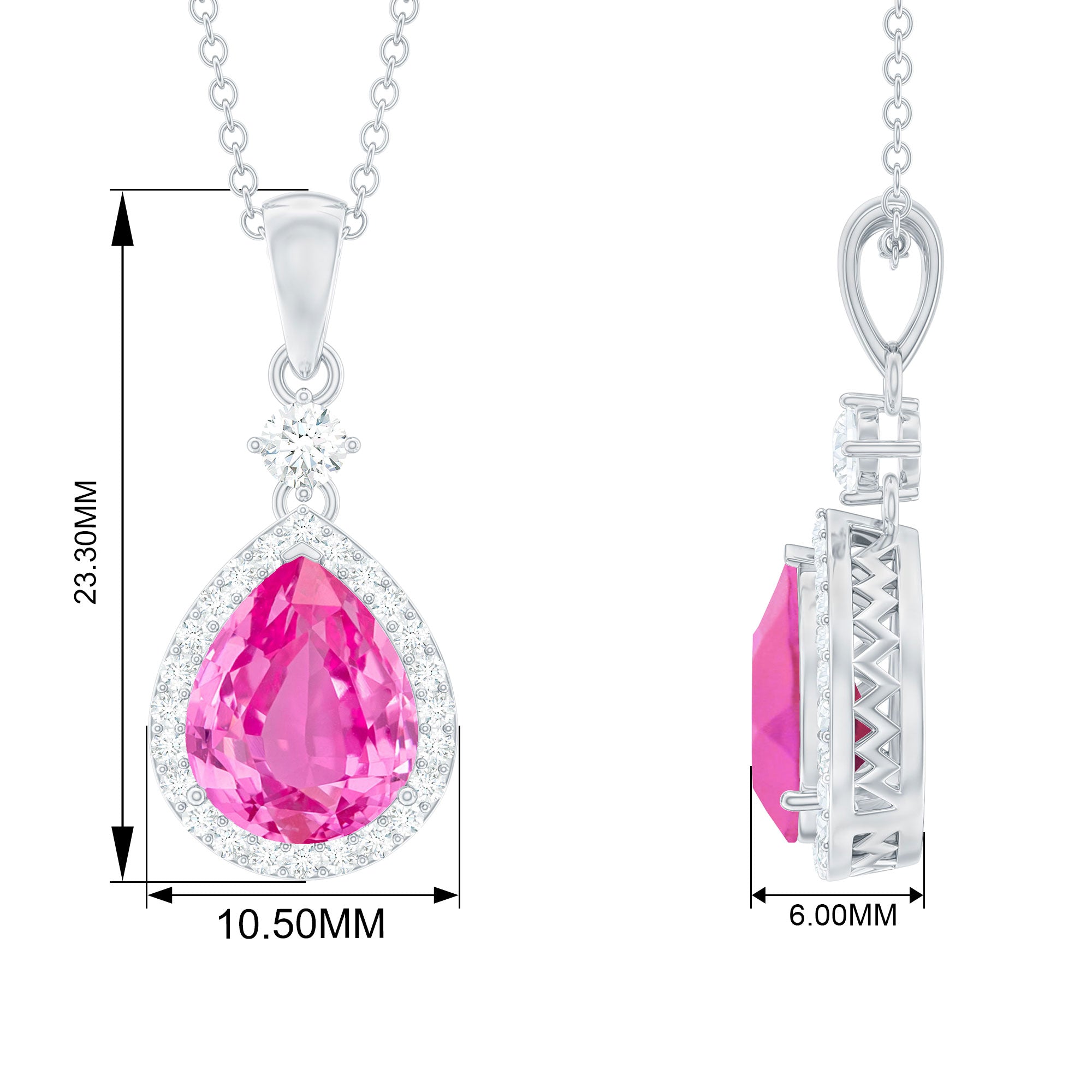 Created Pink Sapphire Teardrop Pendant Necklace With Diamond Halo Lab Created Pink Sapphire - ( AAAA ) - Quality - Rosec Jewels