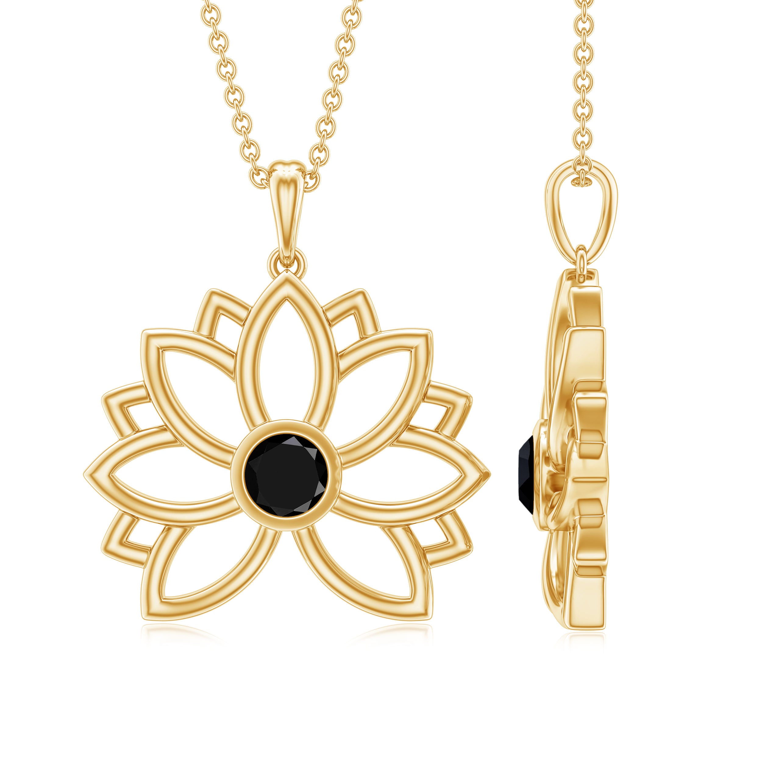 Round Cut Created Black Diamond Gold Lotus Flower Pendant Lab Created Black Diamond - ( AAAA ) - Quality - Rosec Jewels