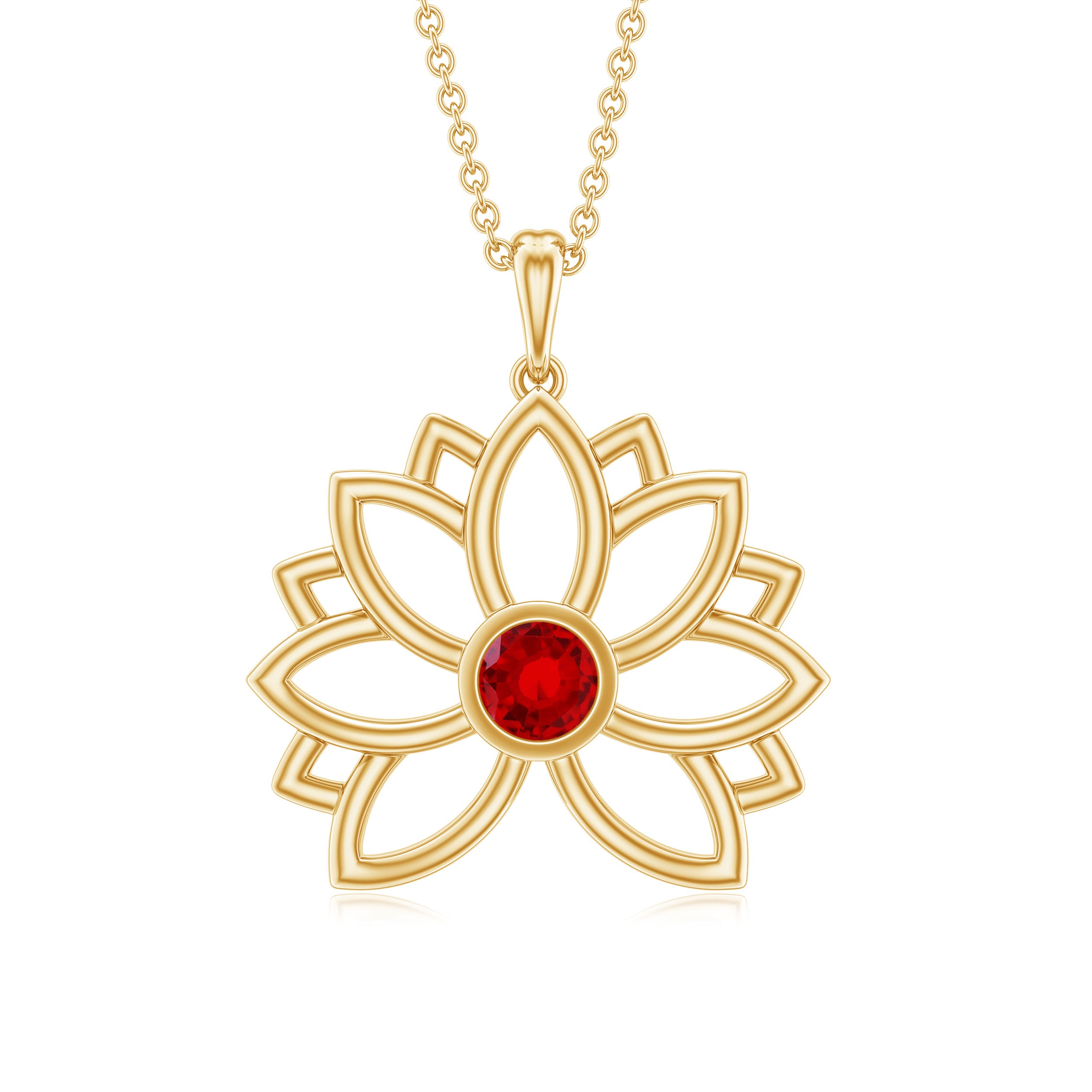 3 MM Created Ruby Lotus Flower Gold Necklace Lab Created Ruby - ( AAAA ) - Quality - Rosec Jewels