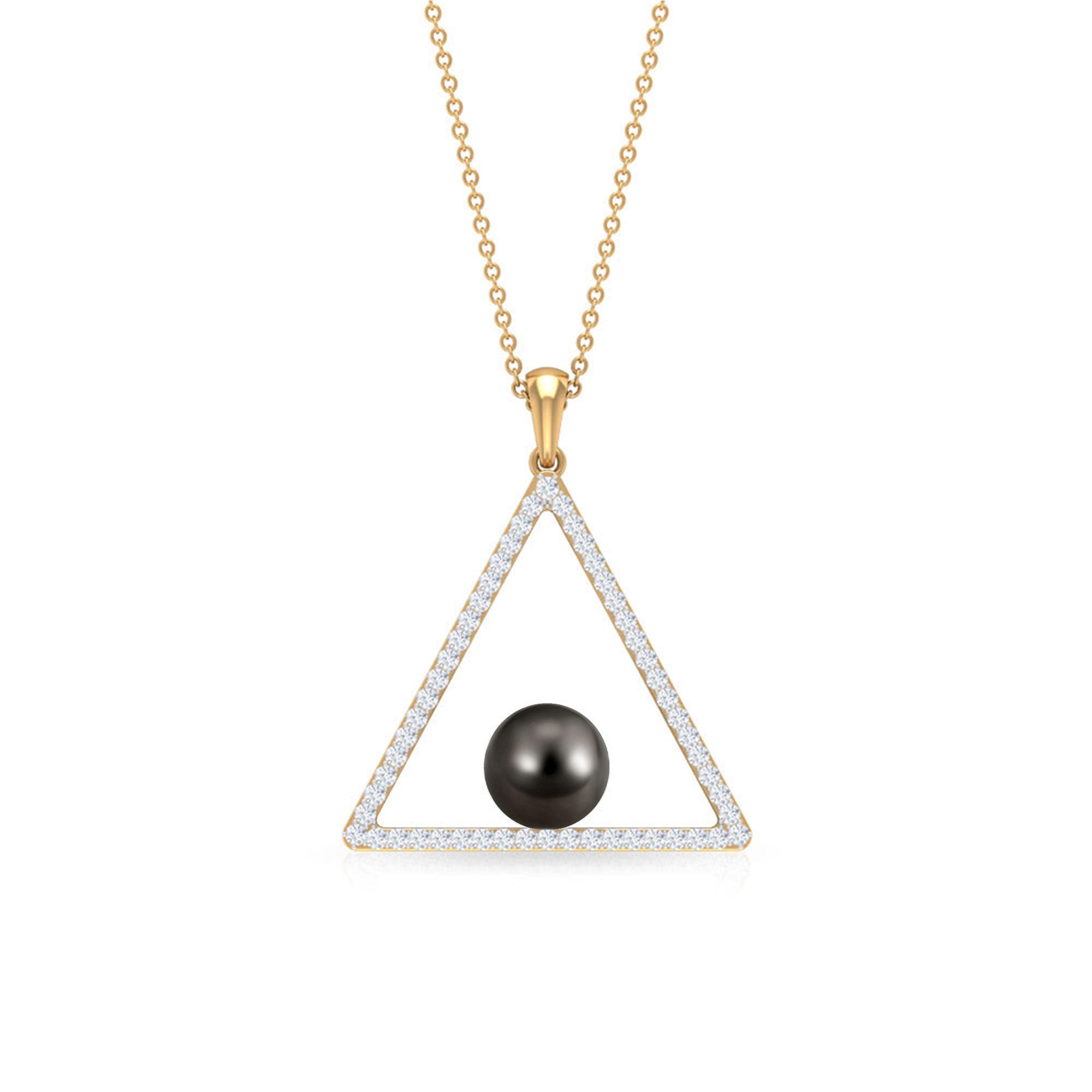 Diamond Open Triangle Pendant Necklace with Black Tahitian Pearl Tahitian pearl - ( AAA ) - Quality - Rosec Jewels