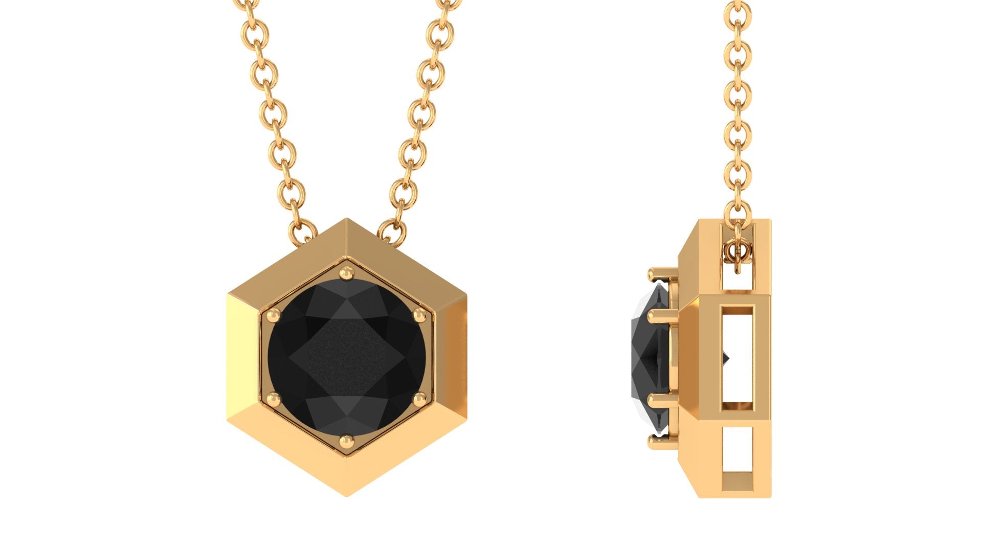 1.5 CT Round Black Spinel Gold Hexagon Pendant Necklace Black Spinel - ( AAA ) - Quality - Rosec Jewels