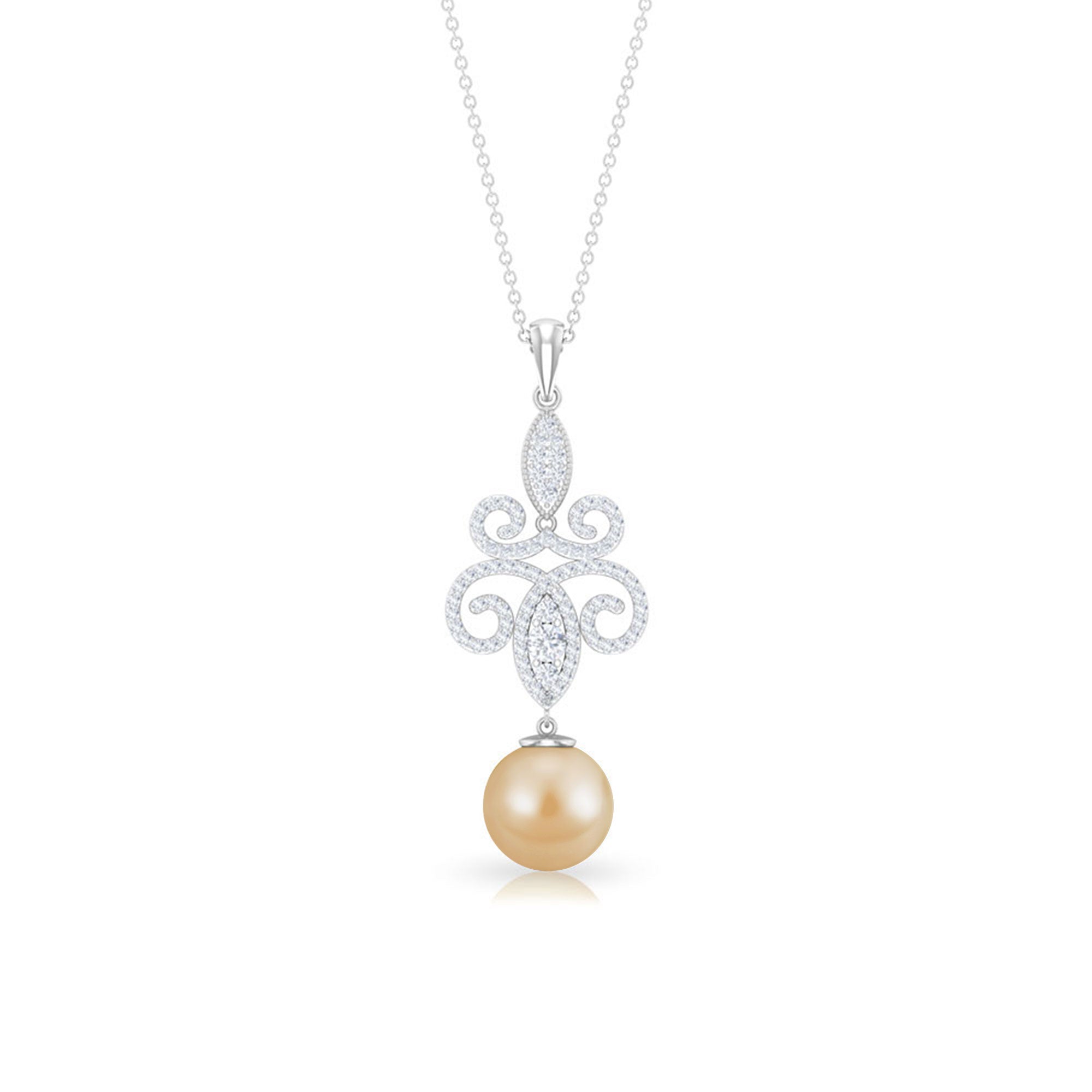 Vintage Inspired South Sea Pearl and Moissanite Dangle Pendant South Sea Pearl - ( AAA ) - Quality - Rosec Jewels