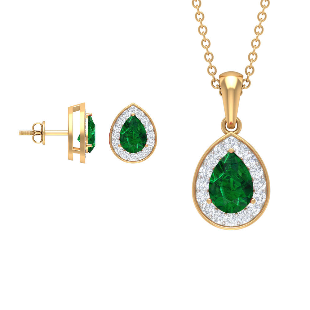 Classic Pear Shaped Created Emerald And Moissanite Teardrop Jewelry Set Lab Created Emerald - ( AAAA ) - Quality - Rosec Jewels