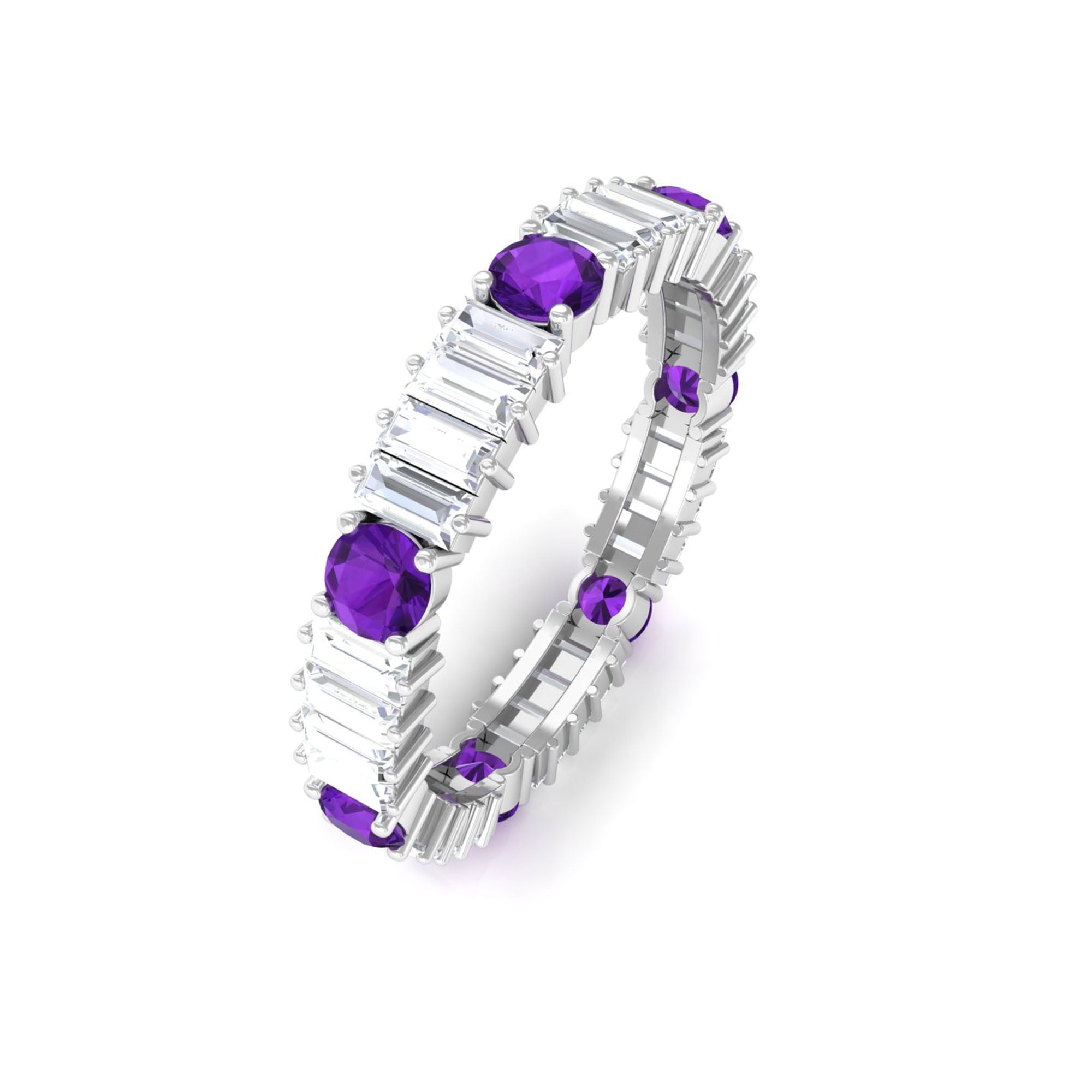 Baguette Cut Moissanite and Round Amethyst Eternity Ring in Prong Setting Amethyst - ( AAA ) - Quality - Rosec Jewels