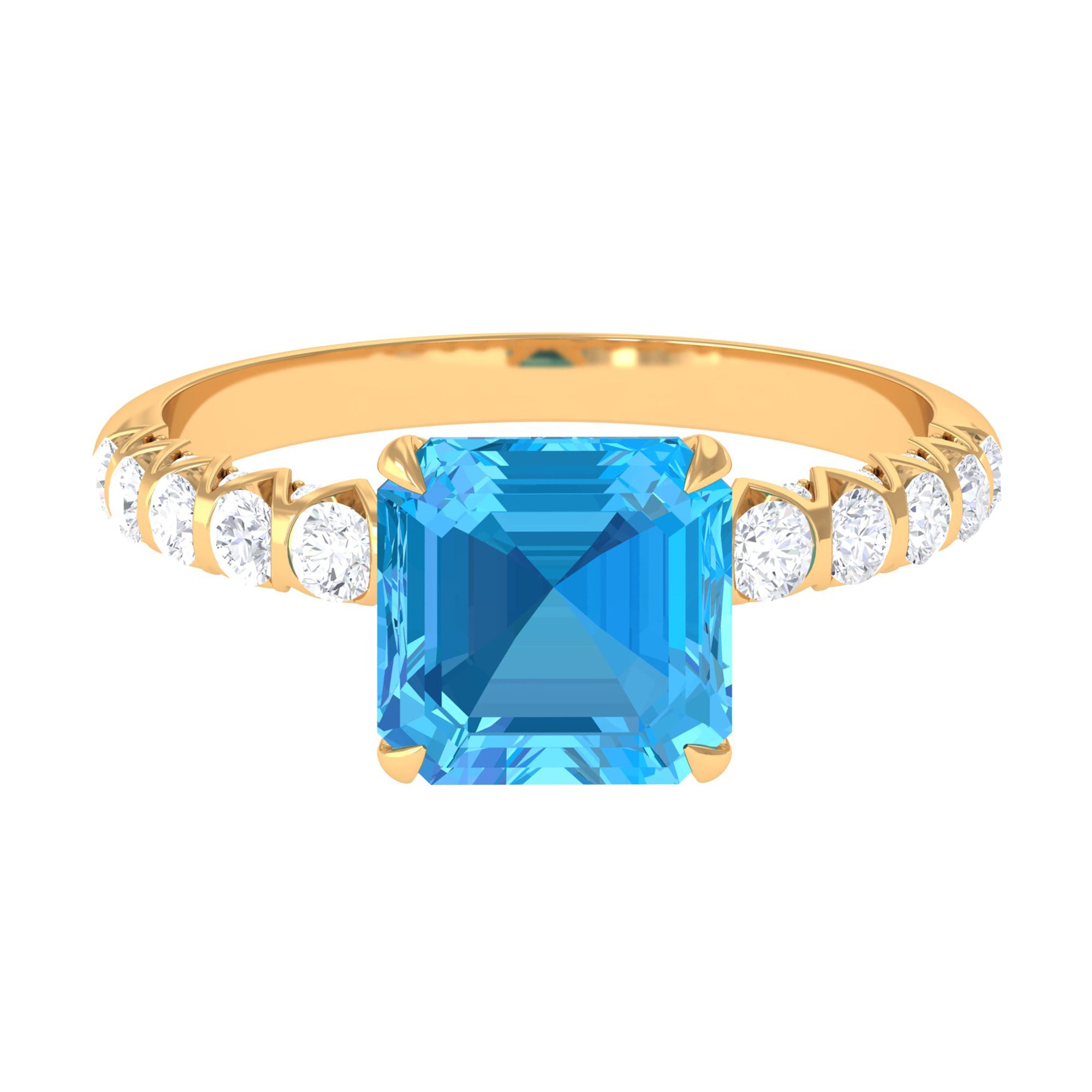 Asscher Cut Swiss Blue Topaz and Diamond Side Stones Ring Swiss Blue Topaz - ( AAA ) - Quality - Rosec Jewels