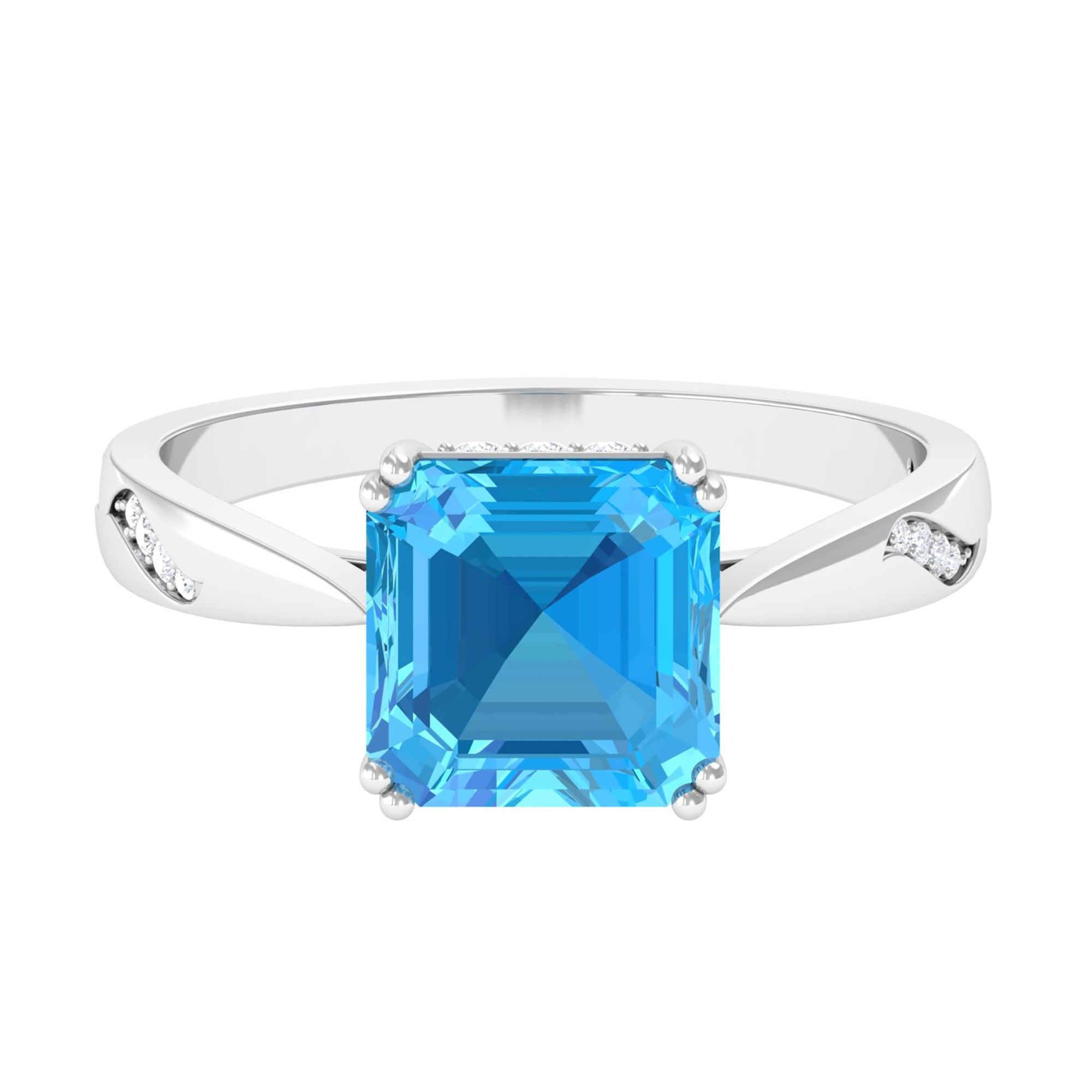 Asscher Cut Swiss Blue Topaz Solitaire Ring with Diamond Swiss Blue Topaz - ( AAA ) - Quality - Rosec Jewels