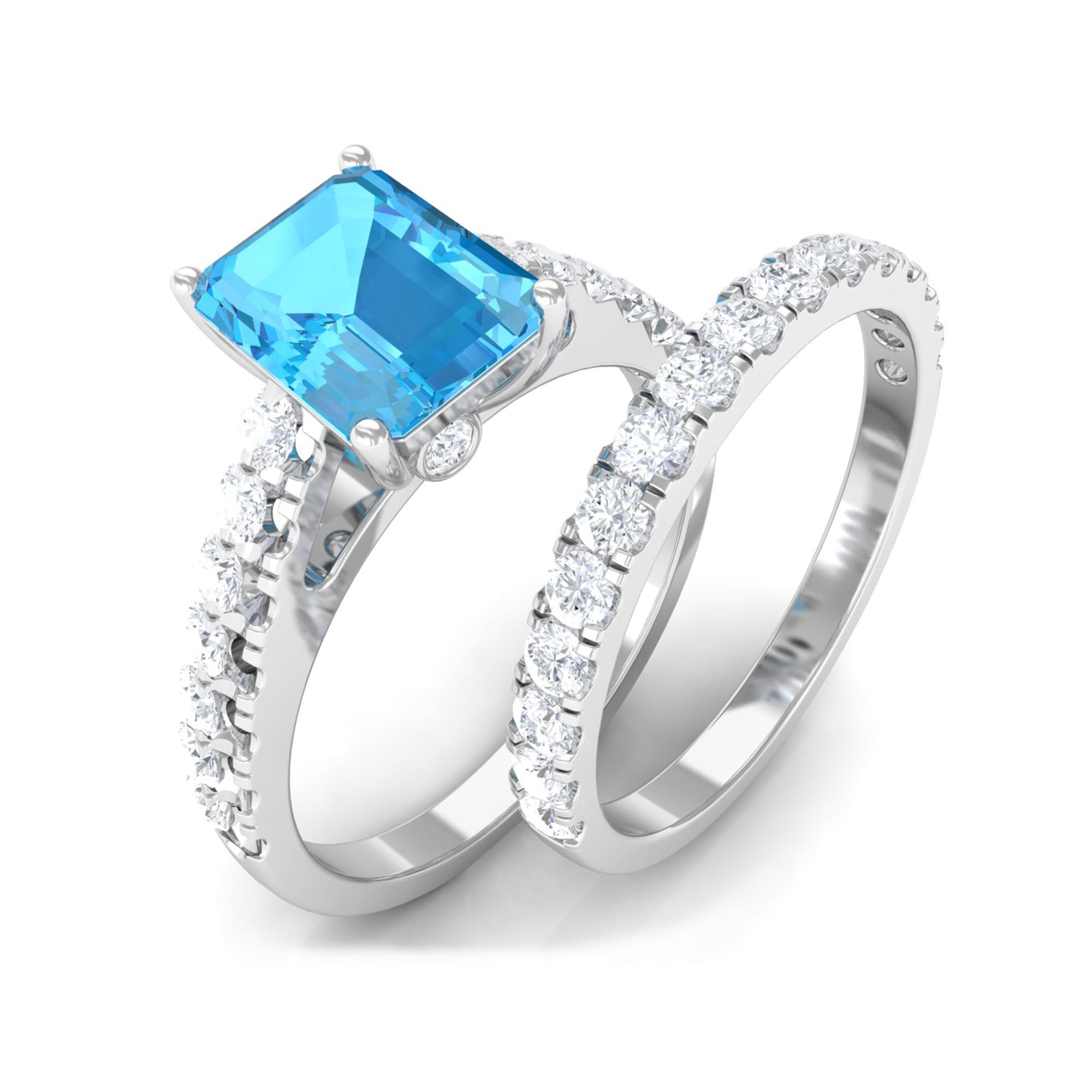 Octagon Cut Swiss Blue Topaz Bridal Ring Set with Moissanite Band Swiss Blue Topaz - ( AAA ) - Quality - Rosec Jewels