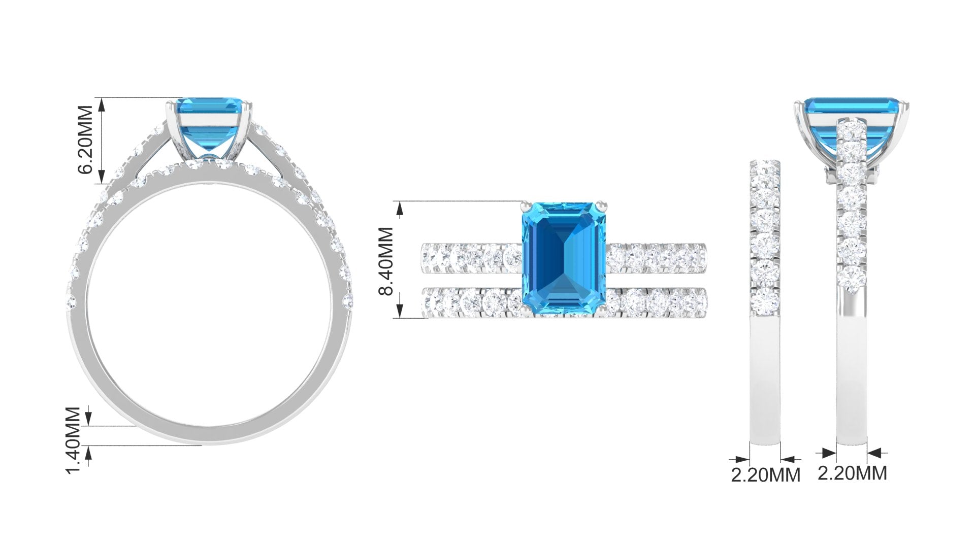 Octagon Cut Swiss Blue Topaz Bridal Ring Set with Moissanite Band Swiss Blue Topaz - ( AAA ) - Quality - Rosec Jewels