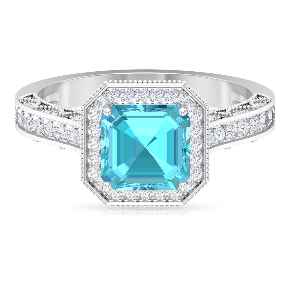 4 CT Asscher Cut Swiss Blue Topaz Vintage Engagement Ring with Moissanite Accent Swiss Blue Topaz - ( AAA ) - Quality - Rosec Jewels