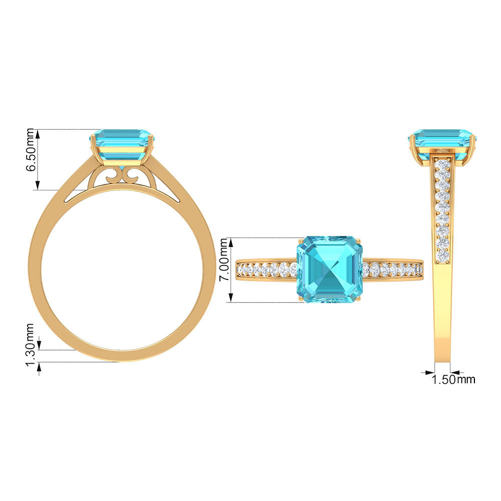 2.50 CT Asscher Cut Swiss Blue Topaz Solitaire Ring with Diamond Accents Swiss Blue Topaz - ( AAA ) - Quality - Rosec Jewels