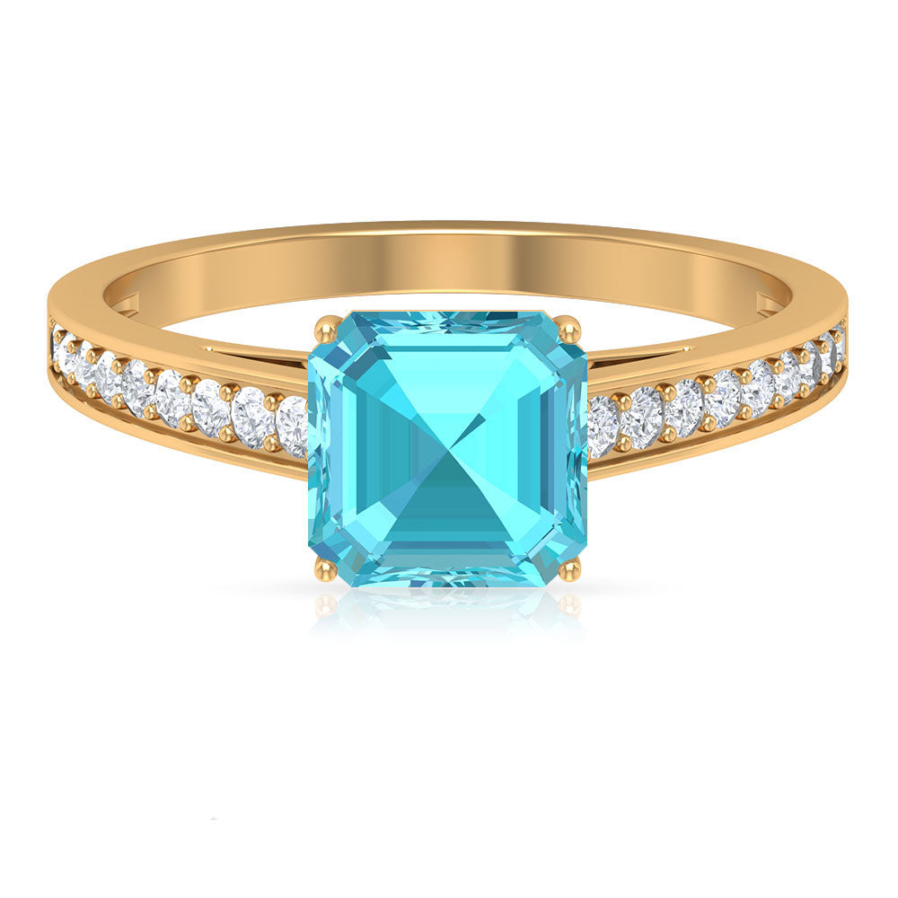 2.50 CT Asscher Cut Swiss Blue Topaz Solitaire Ring with Diamond Accents Swiss Blue Topaz - ( AAA ) - Quality - Rosec Jewels