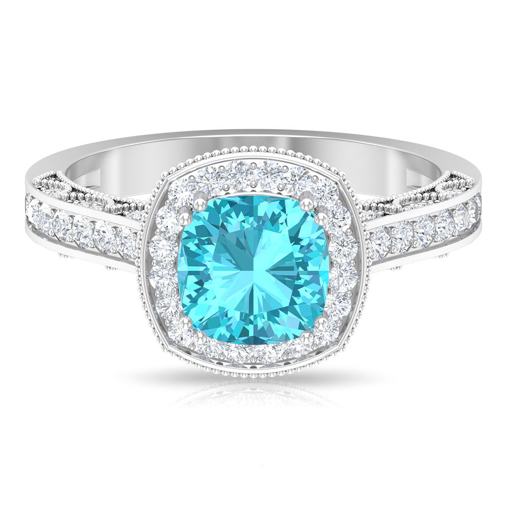 Milgrain Engagement Ring with 2.50 CT Swiss Blue Topaz and Moissanite Swiss Blue Topaz - ( AAA ) - Quality - Rosec Jewels