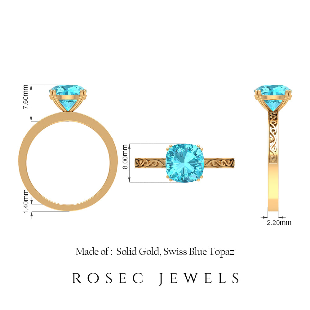 2 CT French Set Swiss Blue Topaz Solitaire Ring Swiss Blue Topaz - ( AAA ) - Quality - Rosec Jewels