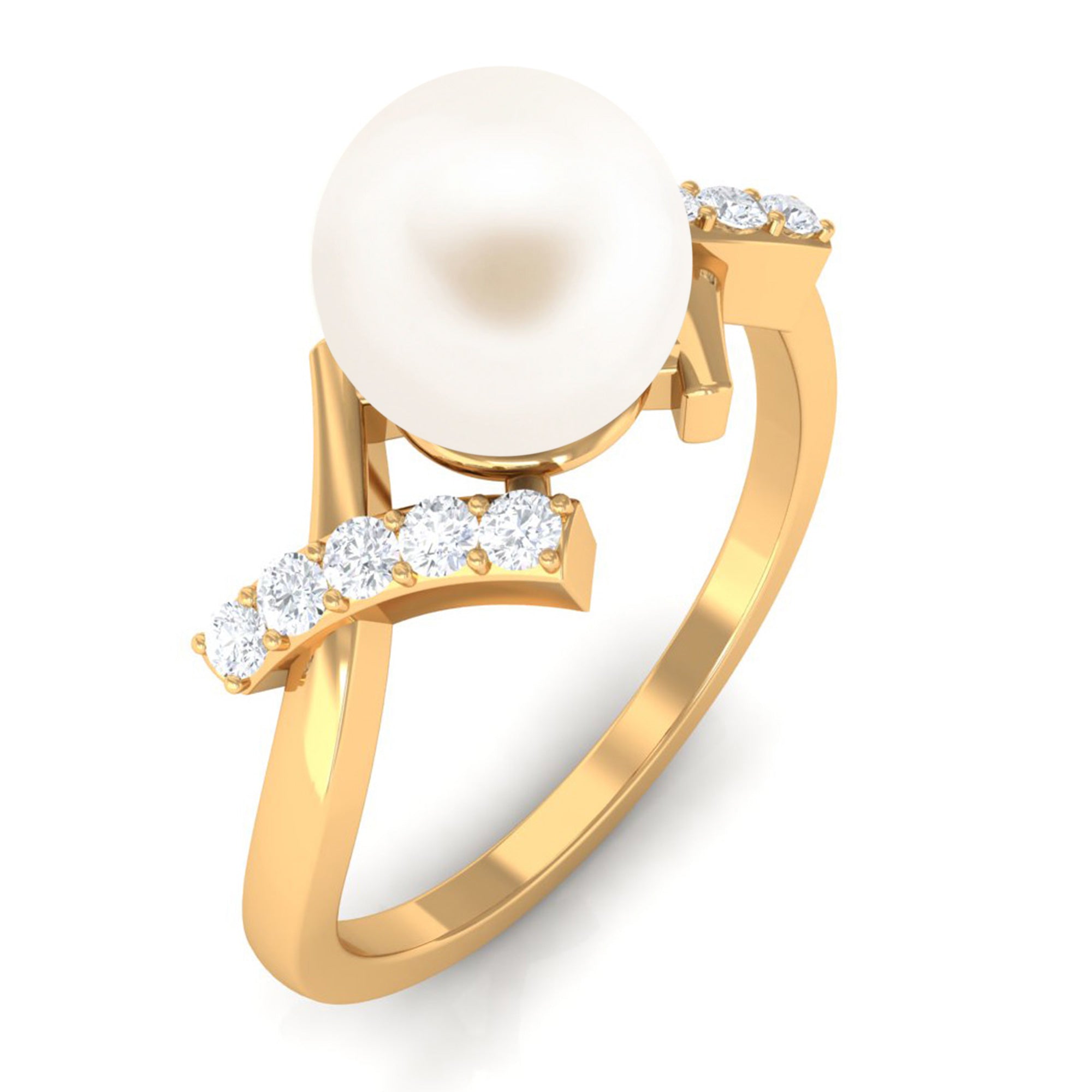 Freshwater Pearl Solitaire Crossover Engagement Ring with Diamond Freshwater Pearl - ( AAA ) - Quality - Rosec Jewels