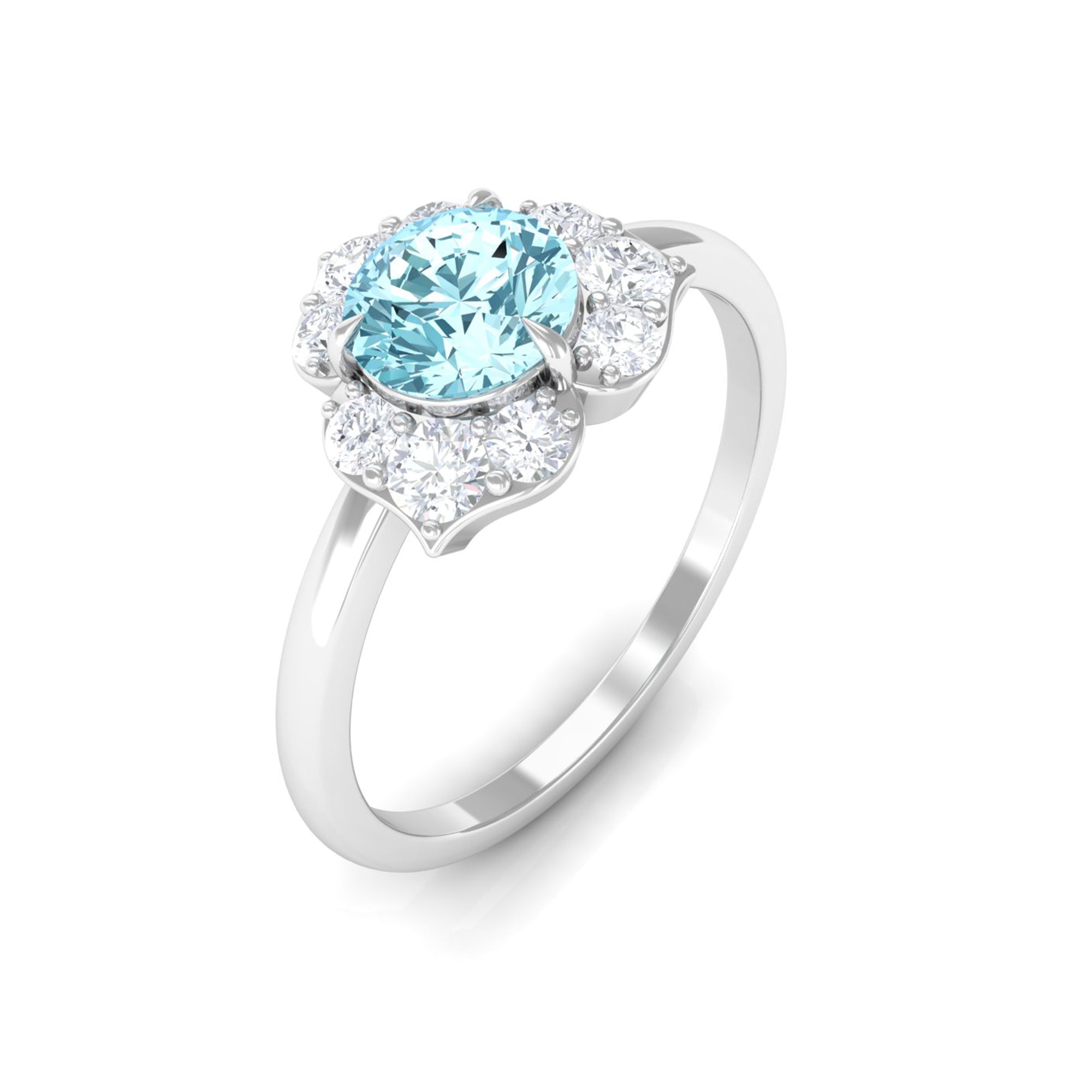 1 CT Round Aquamarine Flower Engagement Ring with Diamond Aquamarine - ( AAA ) - Quality - Rosec Jewels