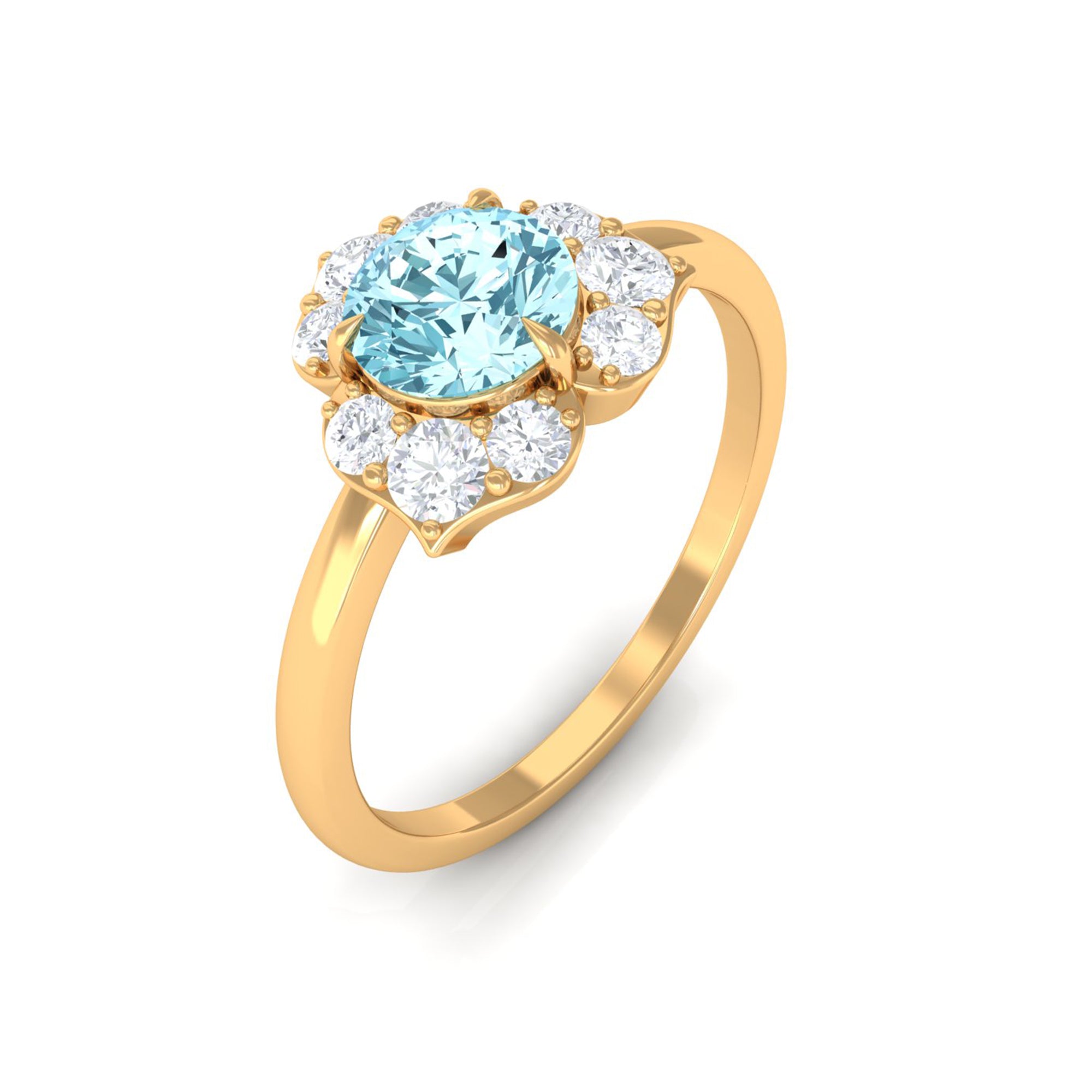 1 CT Round Aquamarine Flower Engagement Ring with Diamond Aquamarine - ( AAA ) - Quality - Rosec Jewels