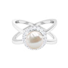 2.5 CT Freshwater Pearl Criss Cross Engagement Ring with Diamond Halo Freshwater Pearl - ( AAA ) - Quality - Rosec Jewels