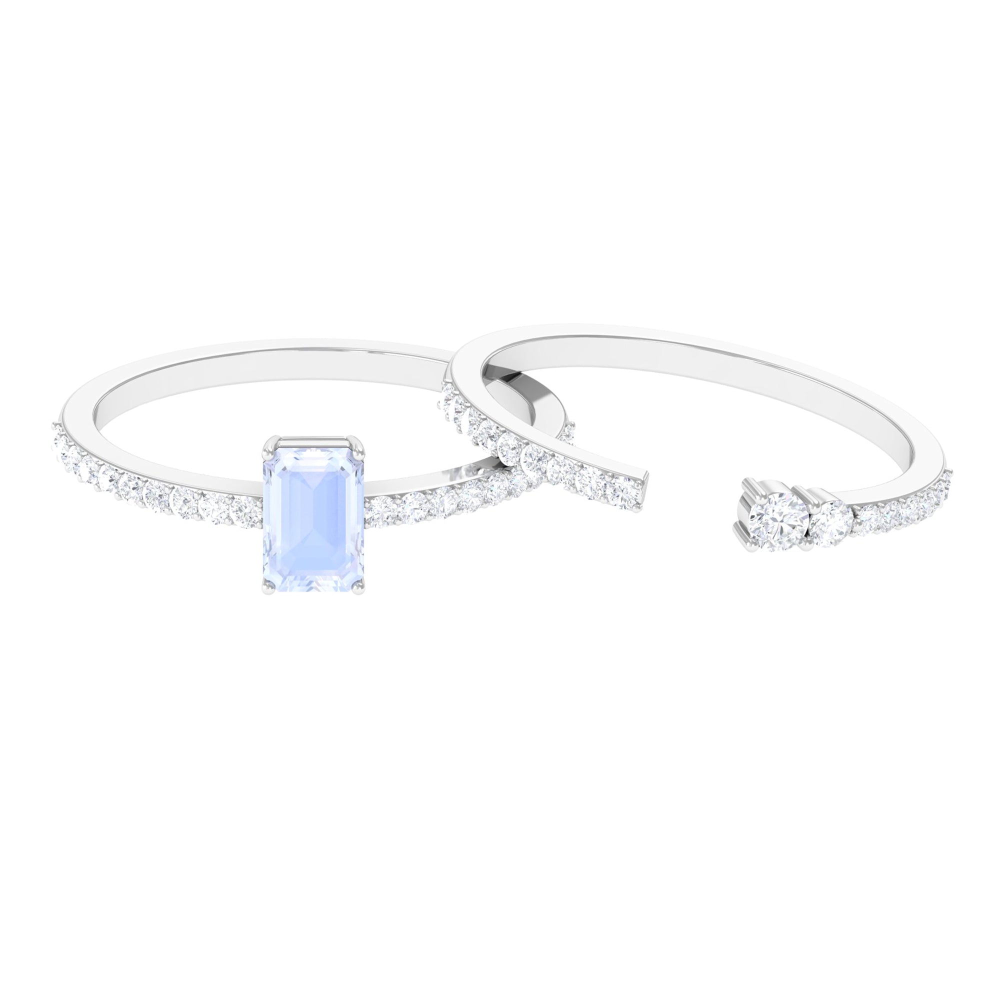 Stackable Ring Set with Moonstone and Diamond Moonstone - ( AAA ) - Quality - Rosec Jewels