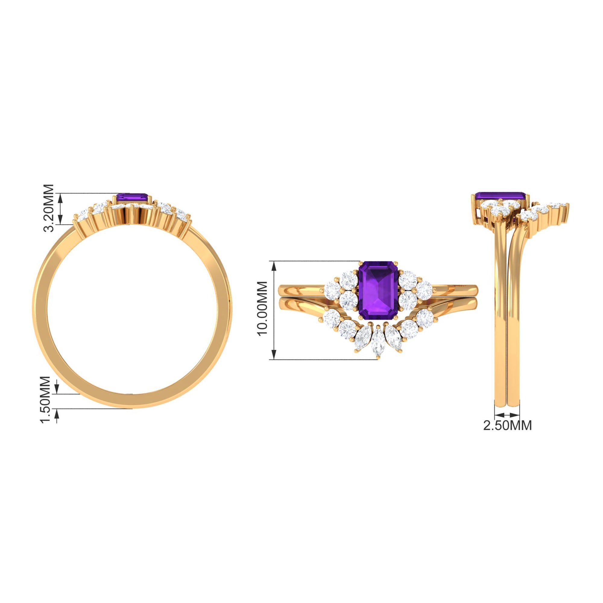 Octagon Amethyst Solitaire Stackable Ring Set with Diamond Amethyst - ( AAA ) - Quality - Rosec Jewels