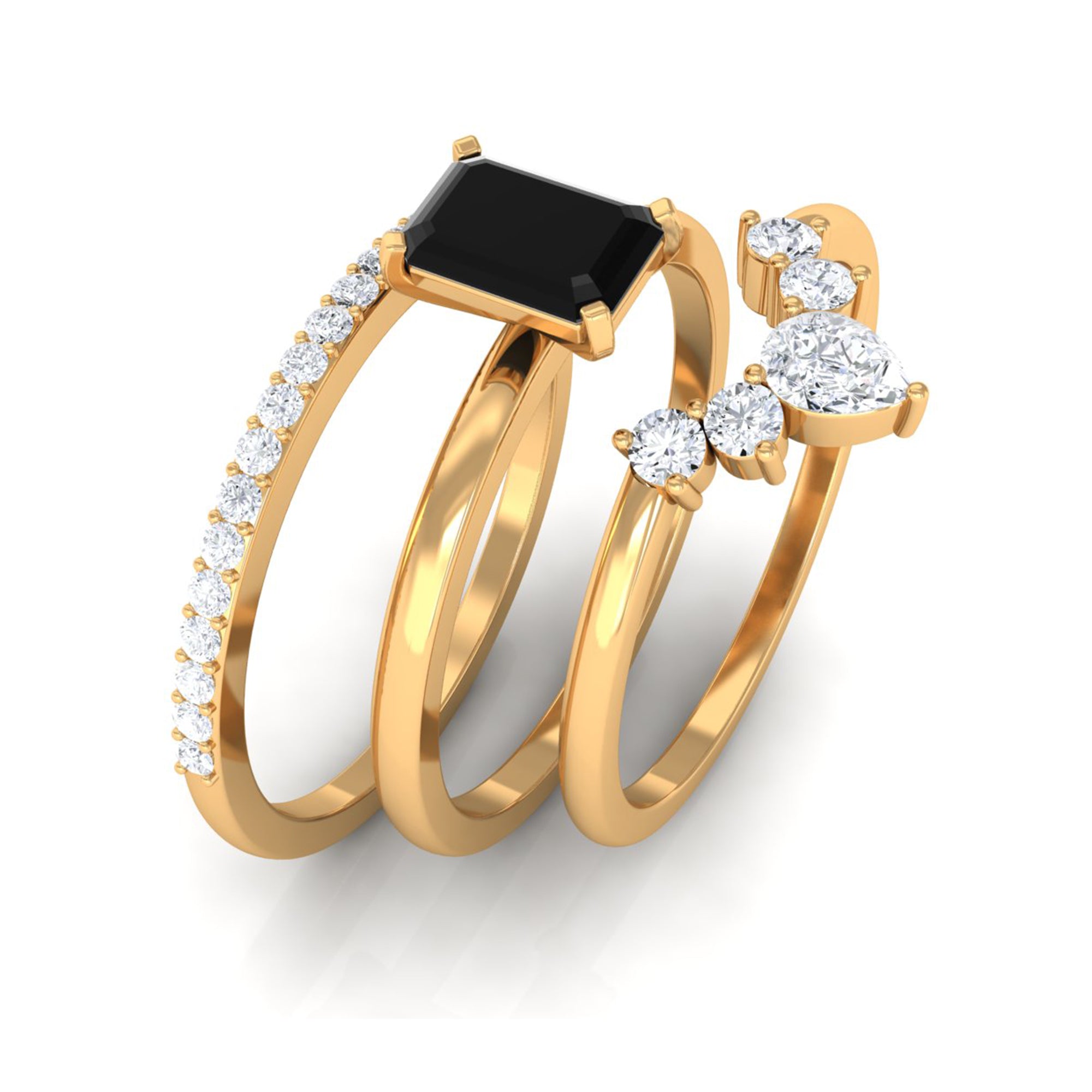 Solitaire Black Onyx and Moissanite Three Ring Set Black Onyx - ( AAA ) - Quality - Rosec Jewels