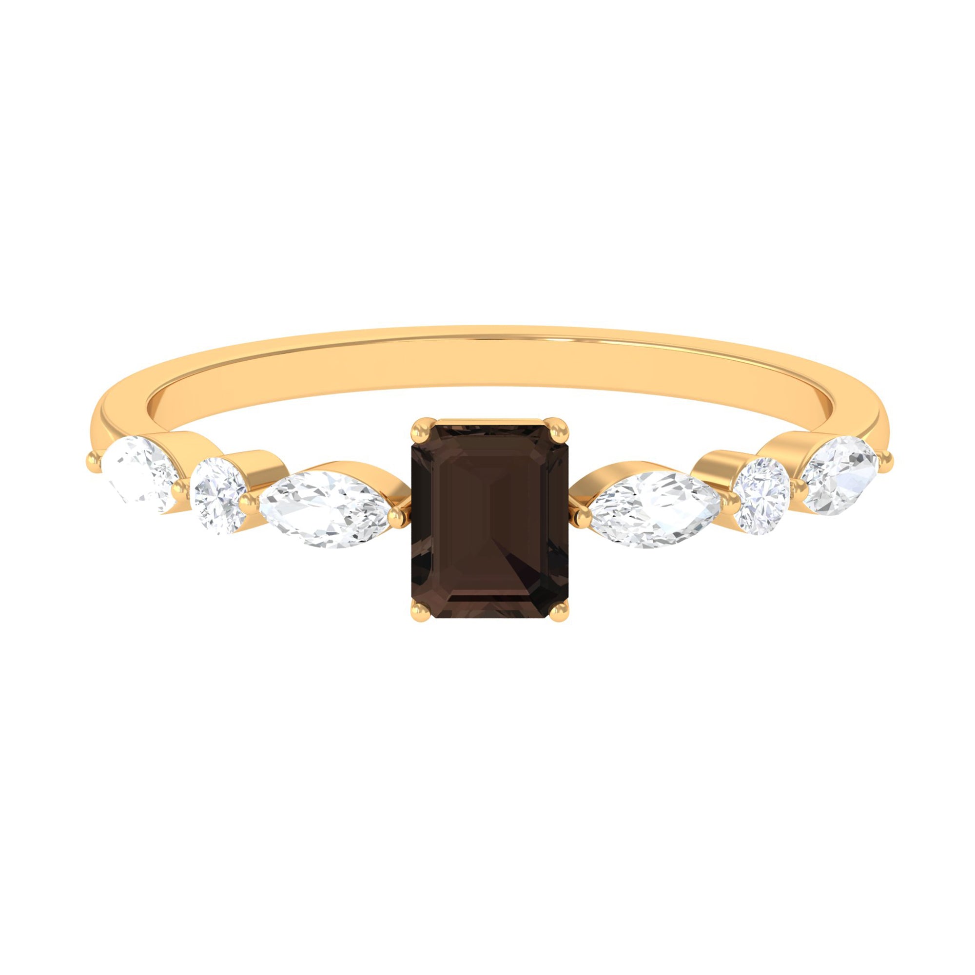 Octagon Cut Smoky Quartz Solitaire Ring with Diamond Smoky Quartz - ( AAA ) - Quality - Rosec Jewels