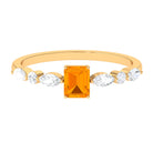 Emerald Cut Fire Opal Solitaire Ring with Diamond Side Stones Fire Opal - ( AAA ) - Quality - Rosec Jewels