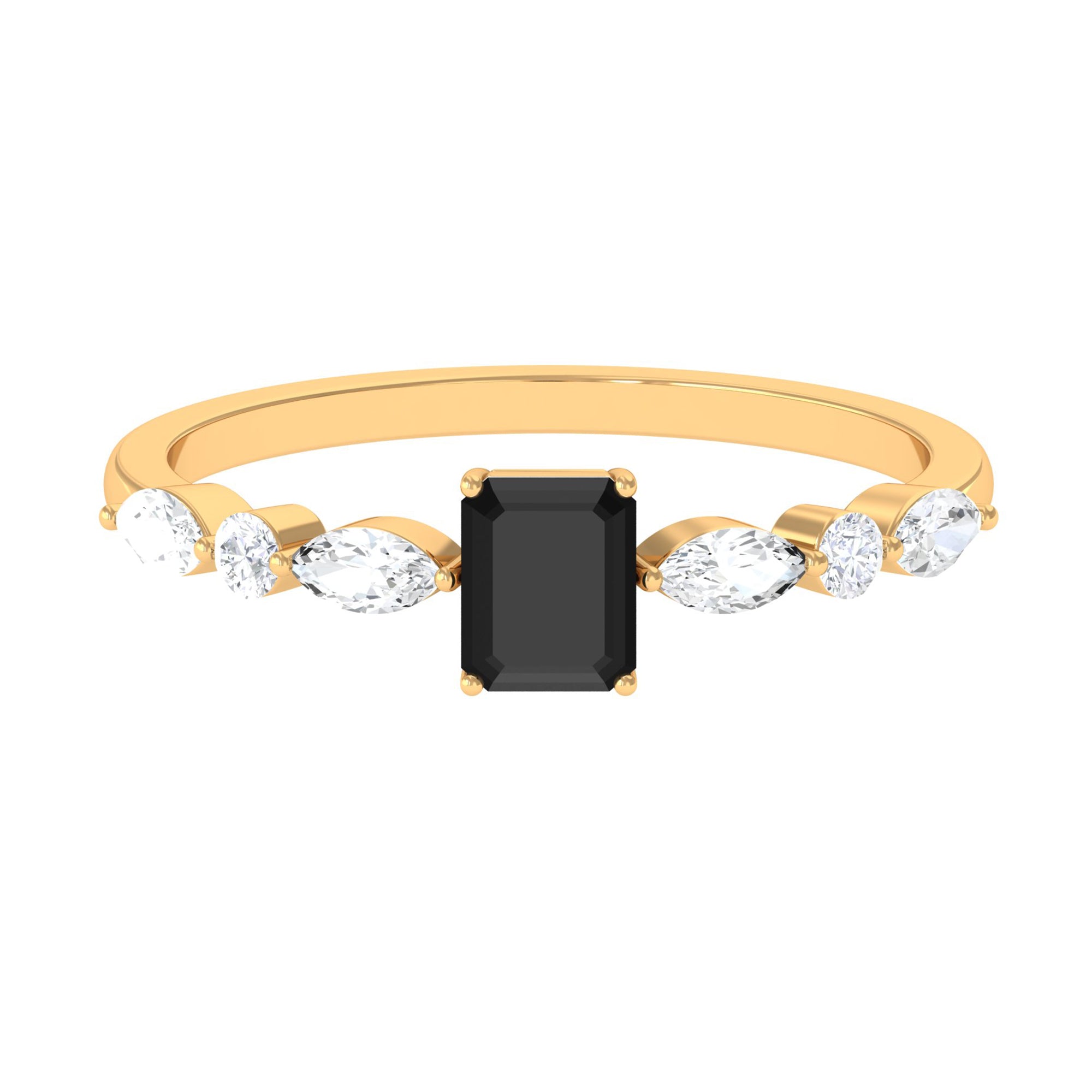 Octagon Black Onyx Solitaire Ring with Diamond Side Stones Black Onyx - ( AAA ) - Quality - Rosec Jewels