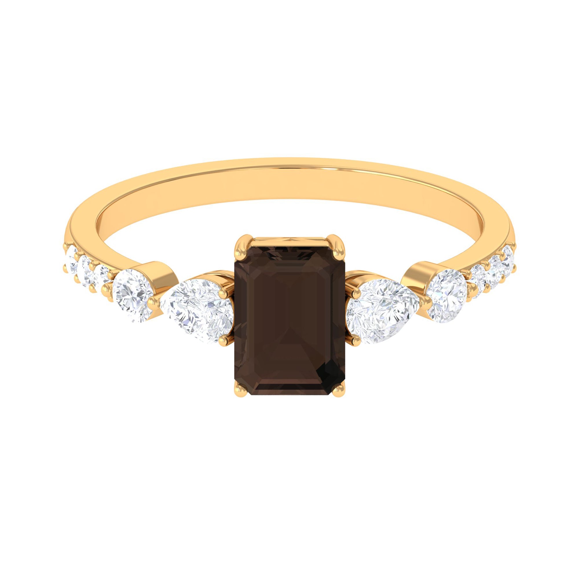 Classic Octagon Cut Smoky Quartz Ring with Moissanite Side Stones Smoky Quartz - ( AAA ) - Quality - Rosec Jewels