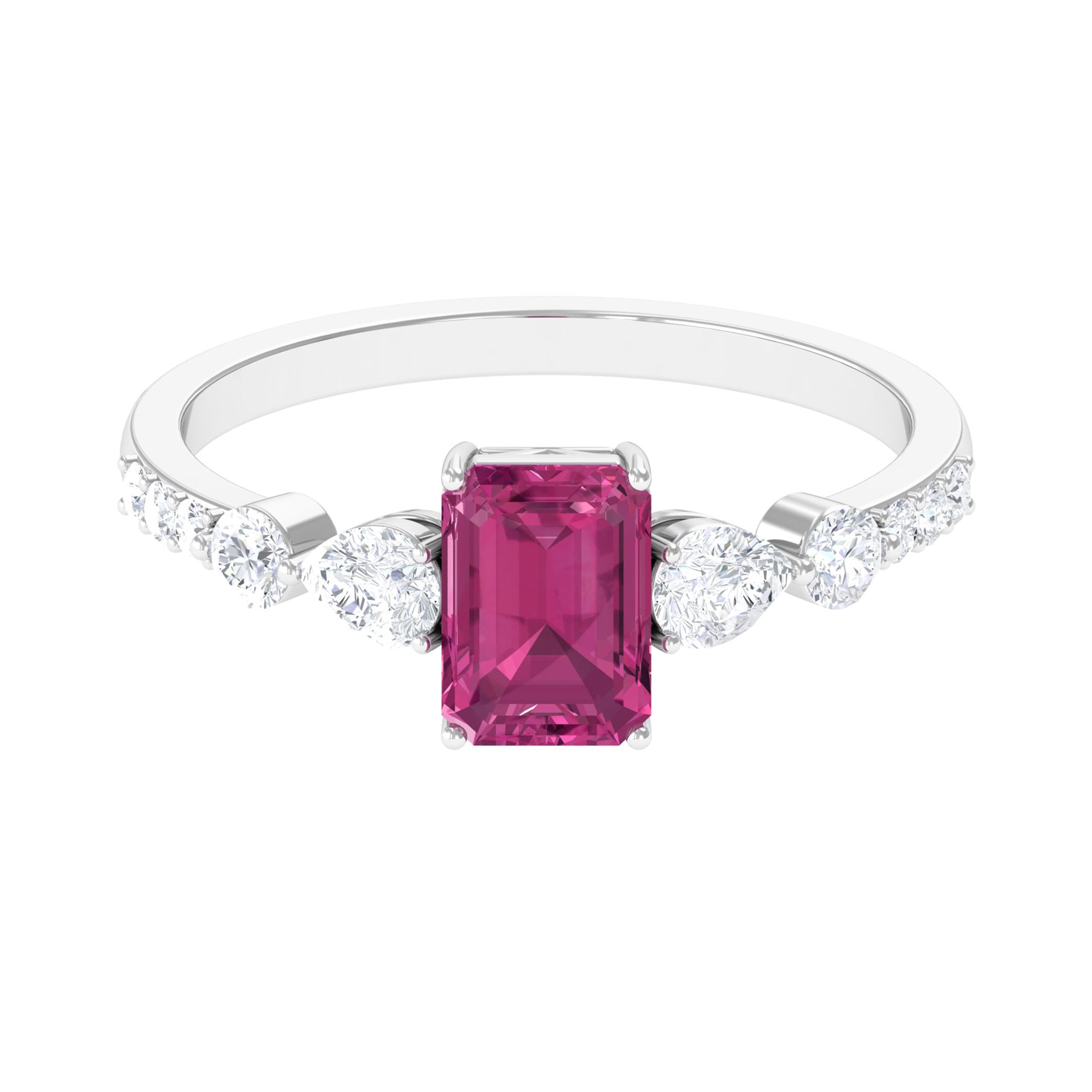 Classic Emerald Cut Pink tourmaline Solitaire Engagement Ring with Moissanite Pink Tourmaline - ( AAA ) - Quality - Rosec Jewels