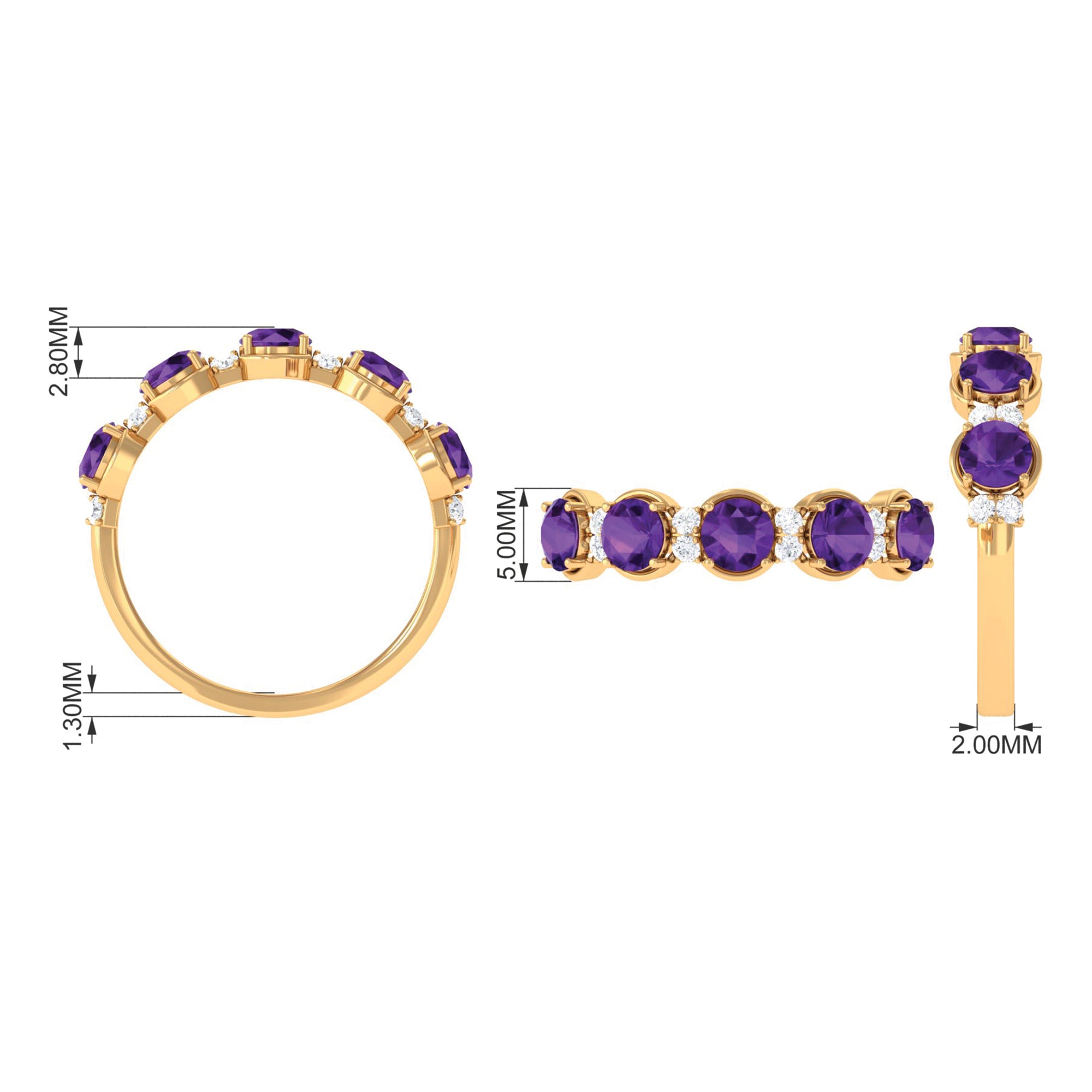 1.5 Carat Round Amethyst Half Eternity Band with Diamond Amethyst - ( AAA ) - Quality - Rosec Jewels