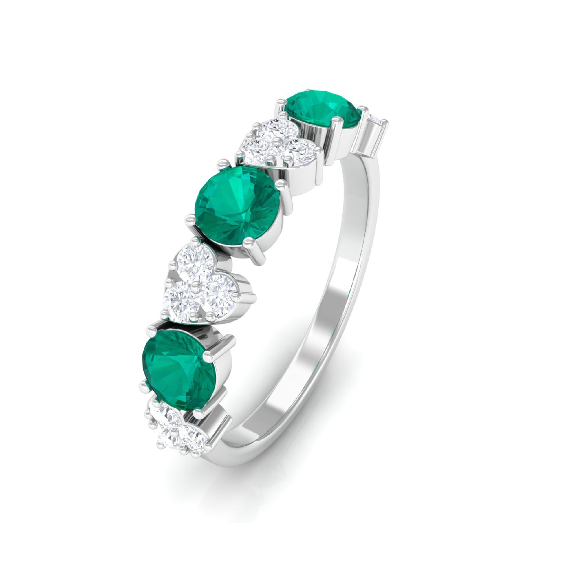 Alternate Emerald and Pave Diamond Heart Half Eternity Ring Emerald - ( AAA ) - Quality - Rosec Jewels