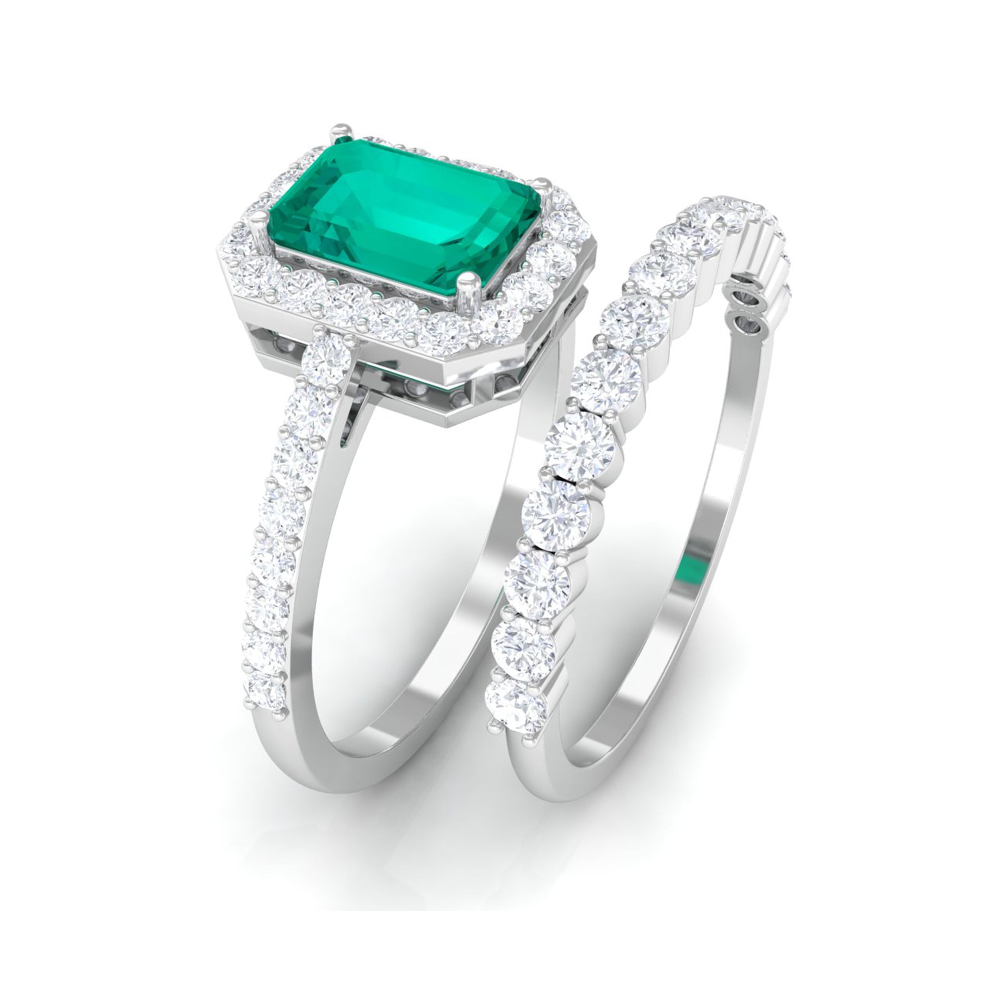 Real Emerald and Diamond Stackable Ring Set Emerald - ( AAA ) - Quality - Rosec Jewels