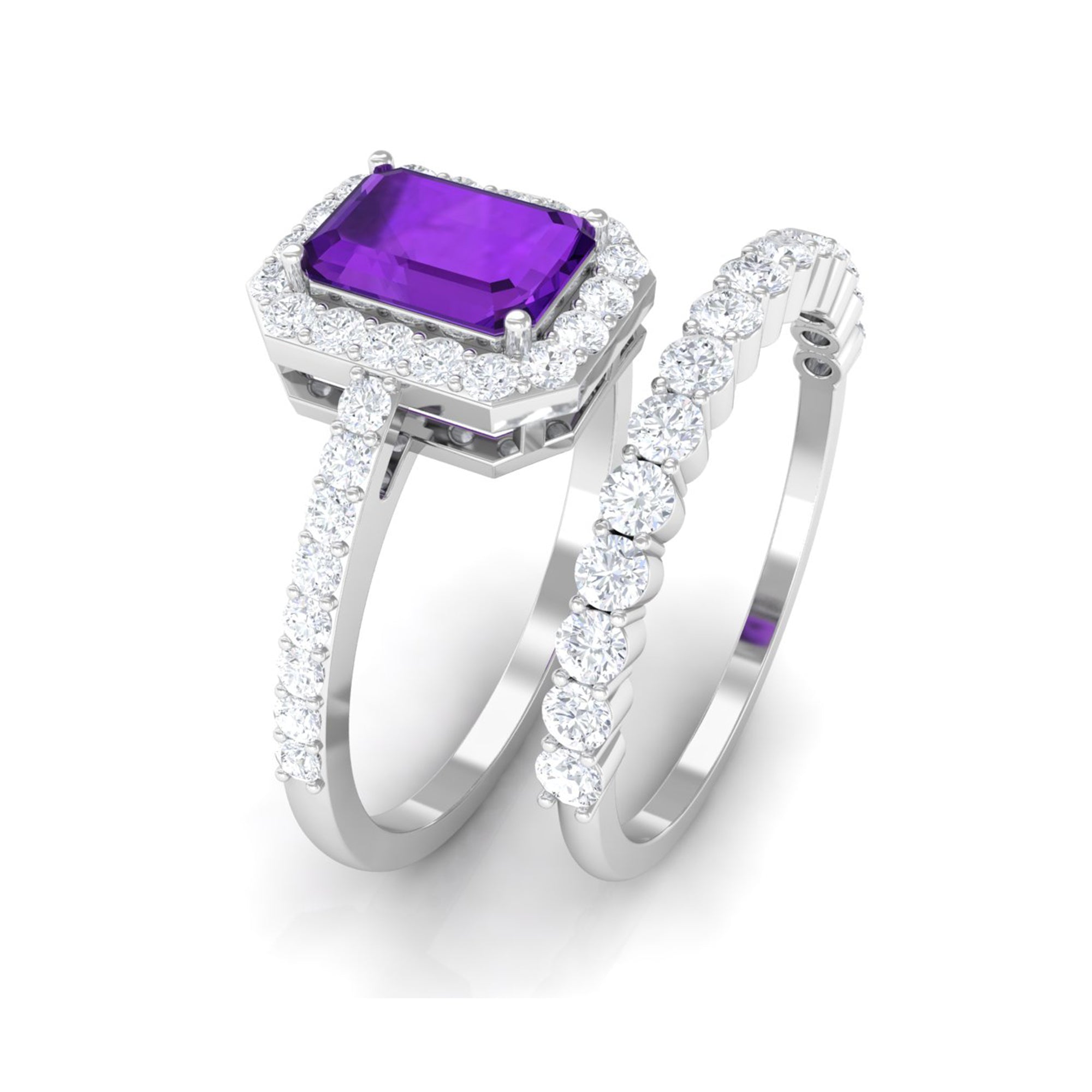 Emerald Cut Amethyst and Moissanite Stackable Ring Set Amethyst - ( AAA ) - Quality - Rosec Jewels