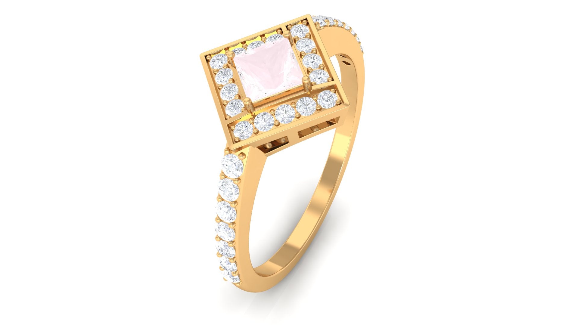 Princess Cut Rose Quartz Geometric Ring with Diamond Accent Rose Quartz - ( AAA ) - Quality - Rosec Jewels