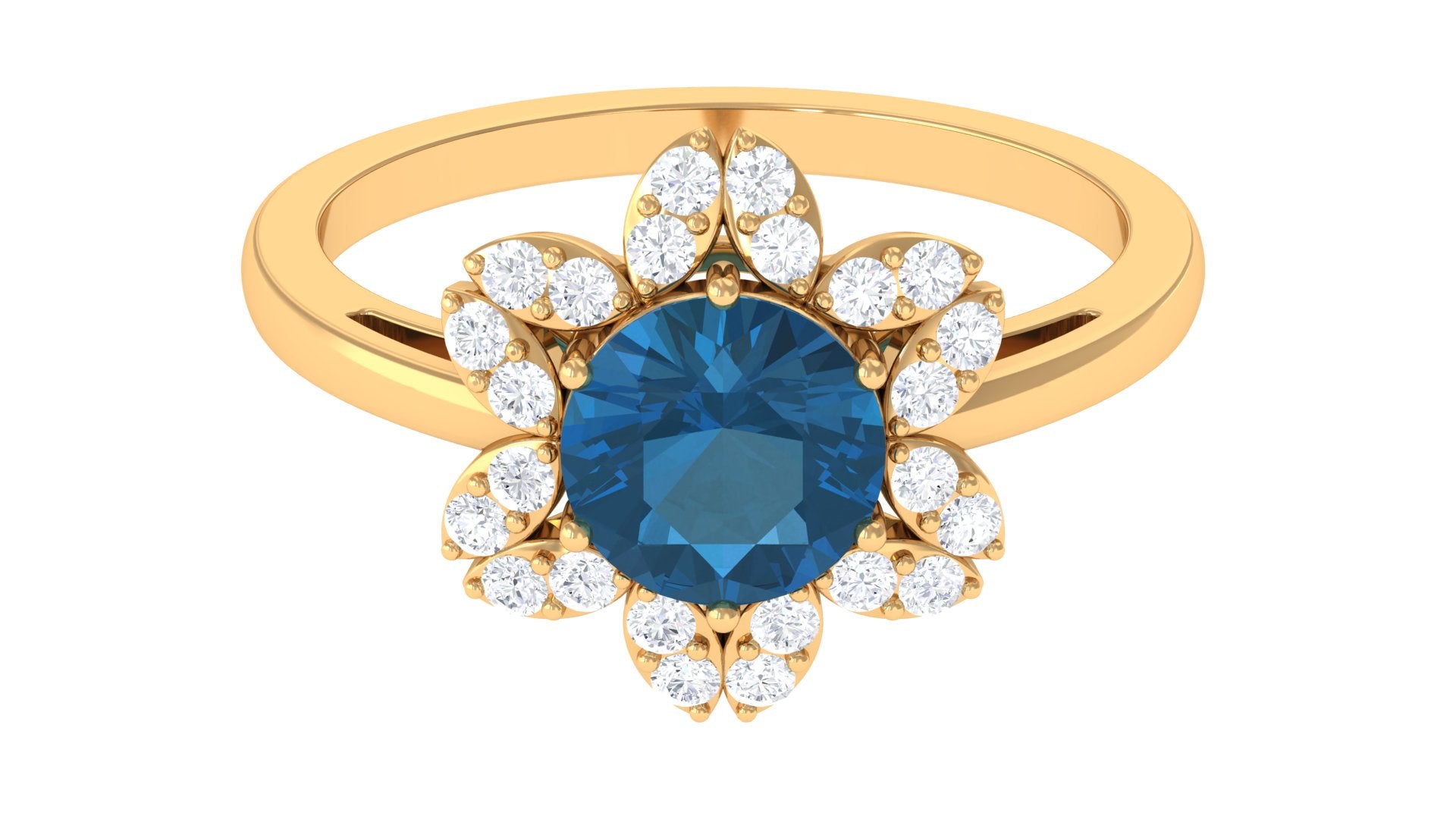 2 CT London Blue Topaz and Diamond Cocktail Flower Ring London Blue Topaz - ( AAA ) - Quality - Rosec Jewels