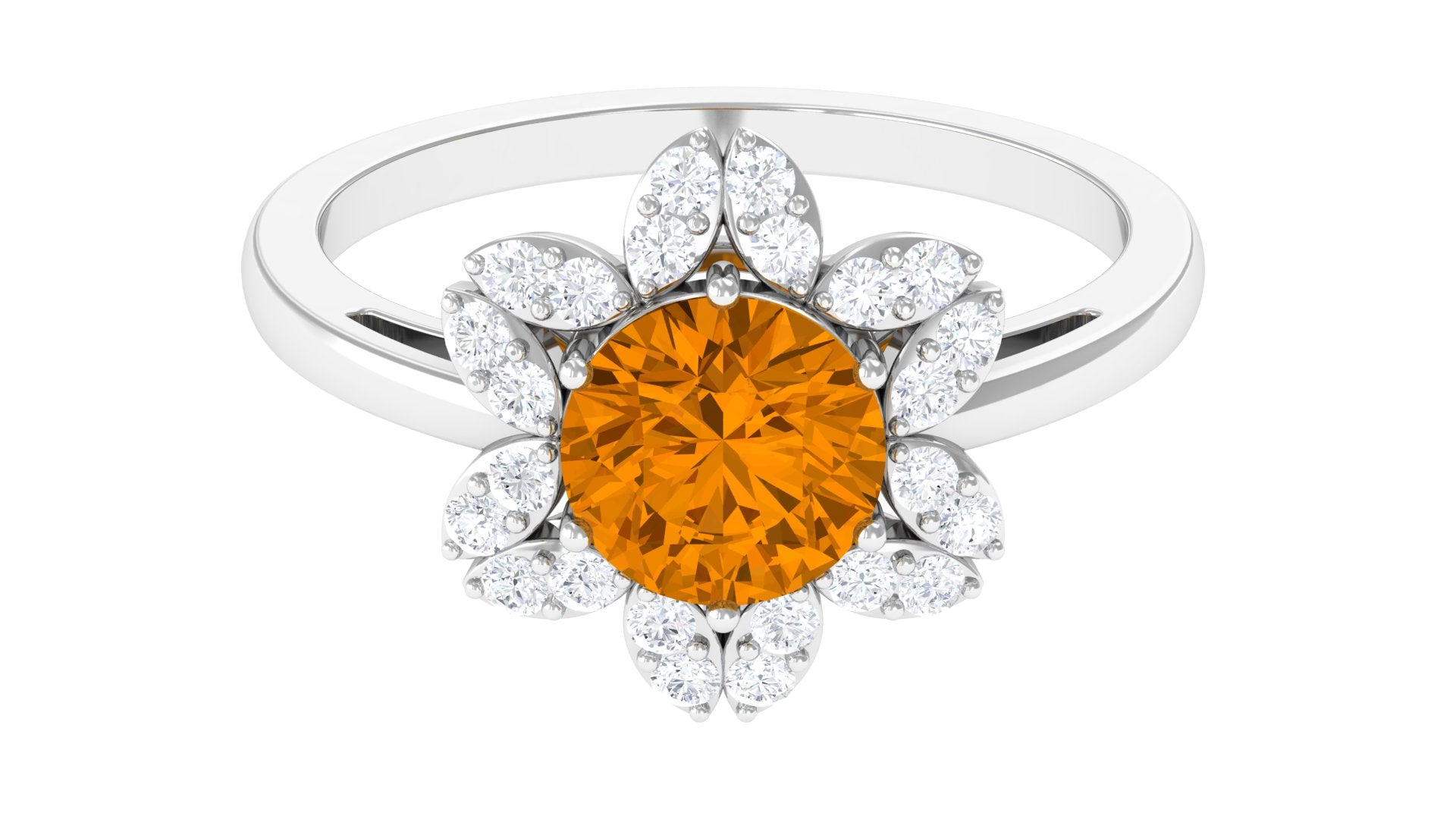 Round Shape Citrine Flower Ring with Diamond Halo Citrine - ( AAA ) - Quality - Rosec Jewels