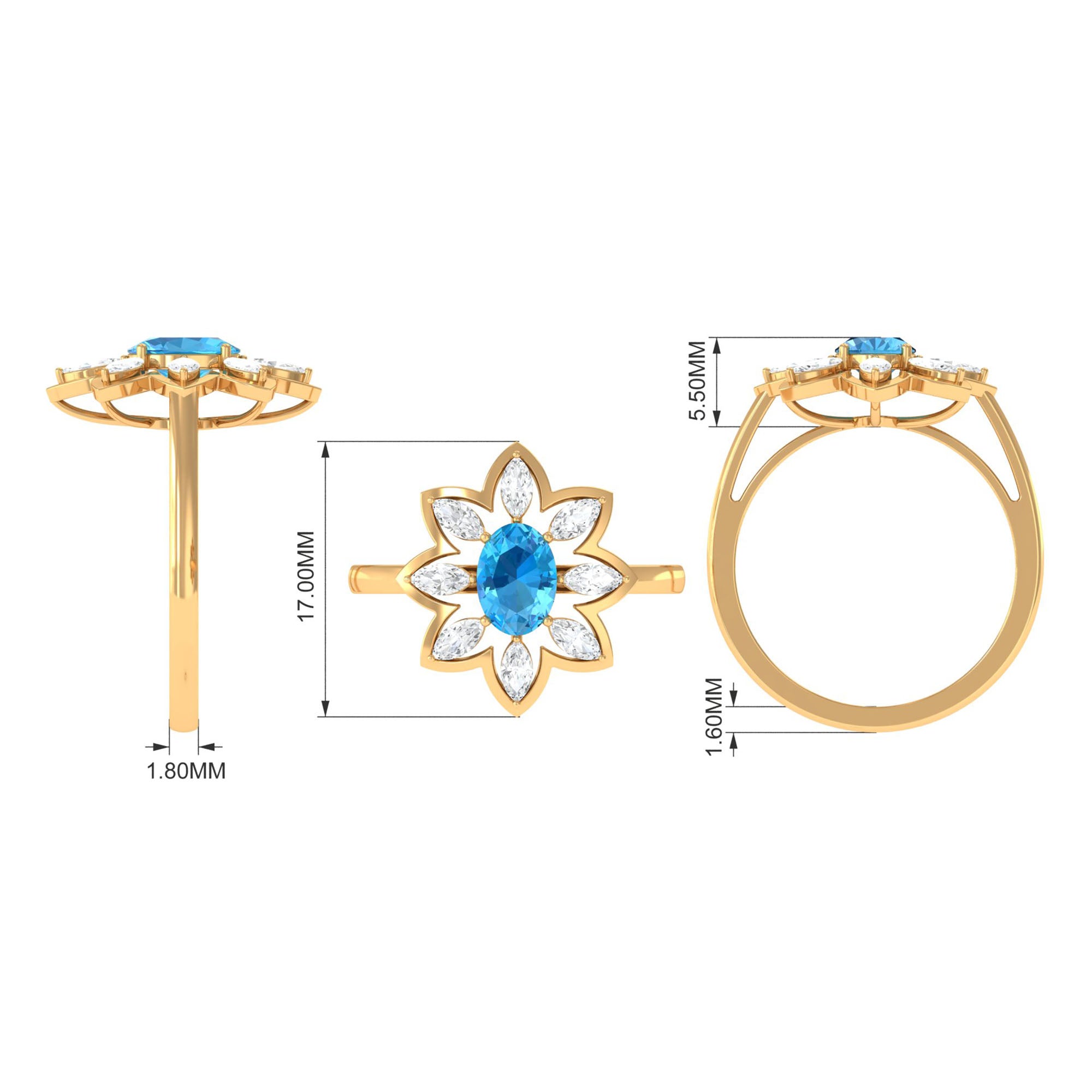 1.25 CT Swiss Blue Topaz Floral Cocktail Ring with Moissanite Swiss Blue Topaz - ( AAA ) - Quality - Rosec Jewels