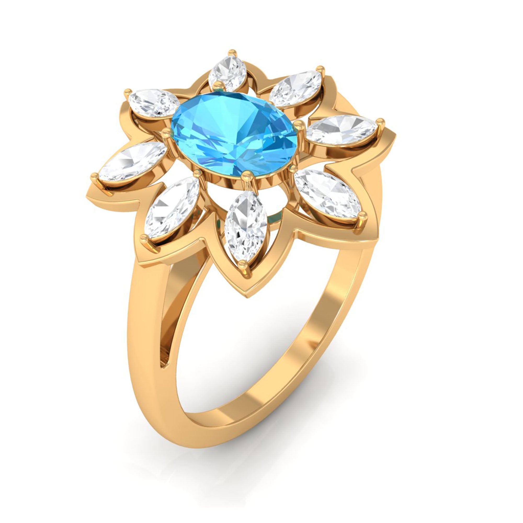 1.25 CT Swiss Blue Topaz Floral Cocktail Ring with Moissanite Swiss Blue Topaz - ( AAA ) - Quality - Rosec Jewels