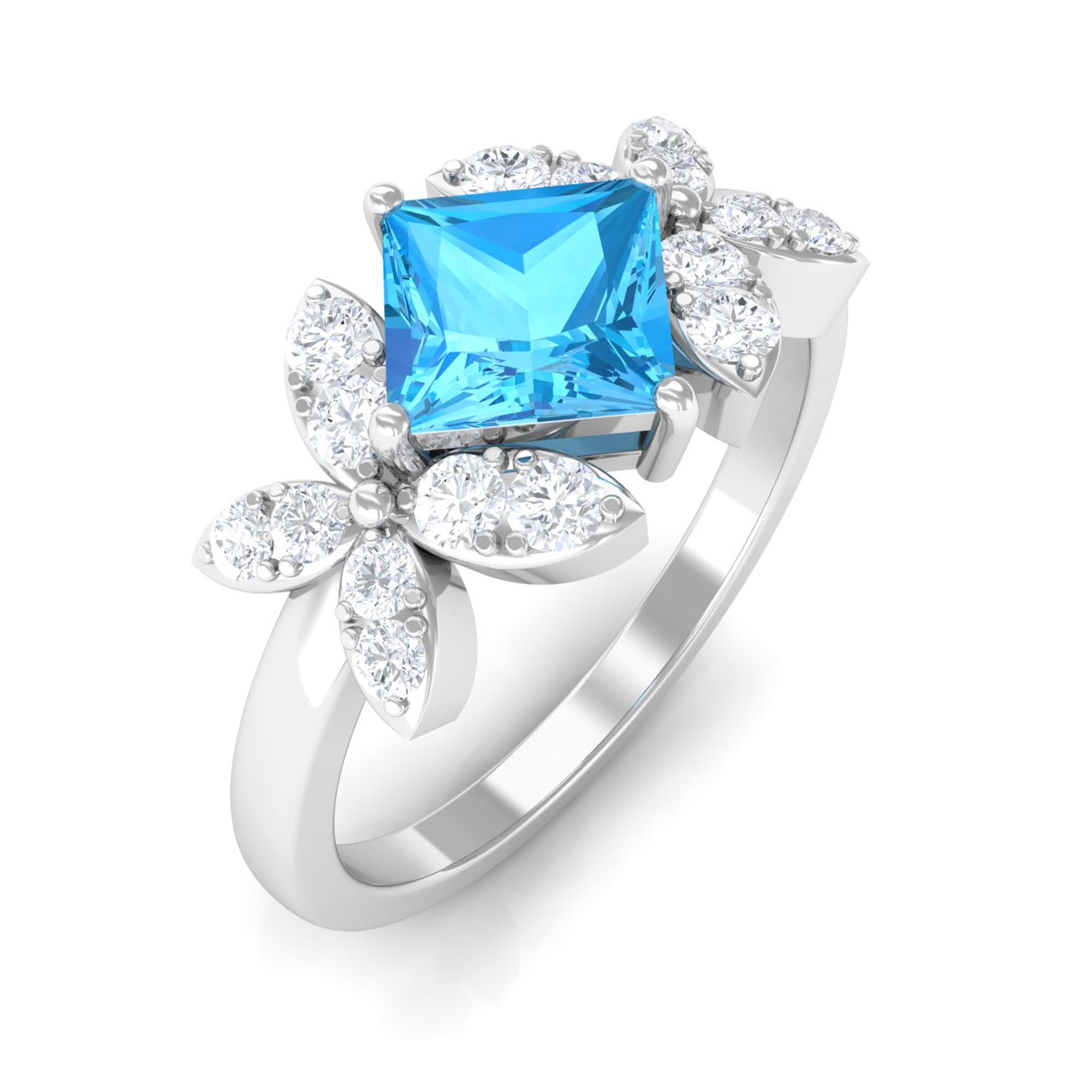 Floral Inspired Swiss Blue Topaz Engagement Ring with Diamond Swiss Blue Topaz - ( AAA ) - Quality - Rosec Jewels