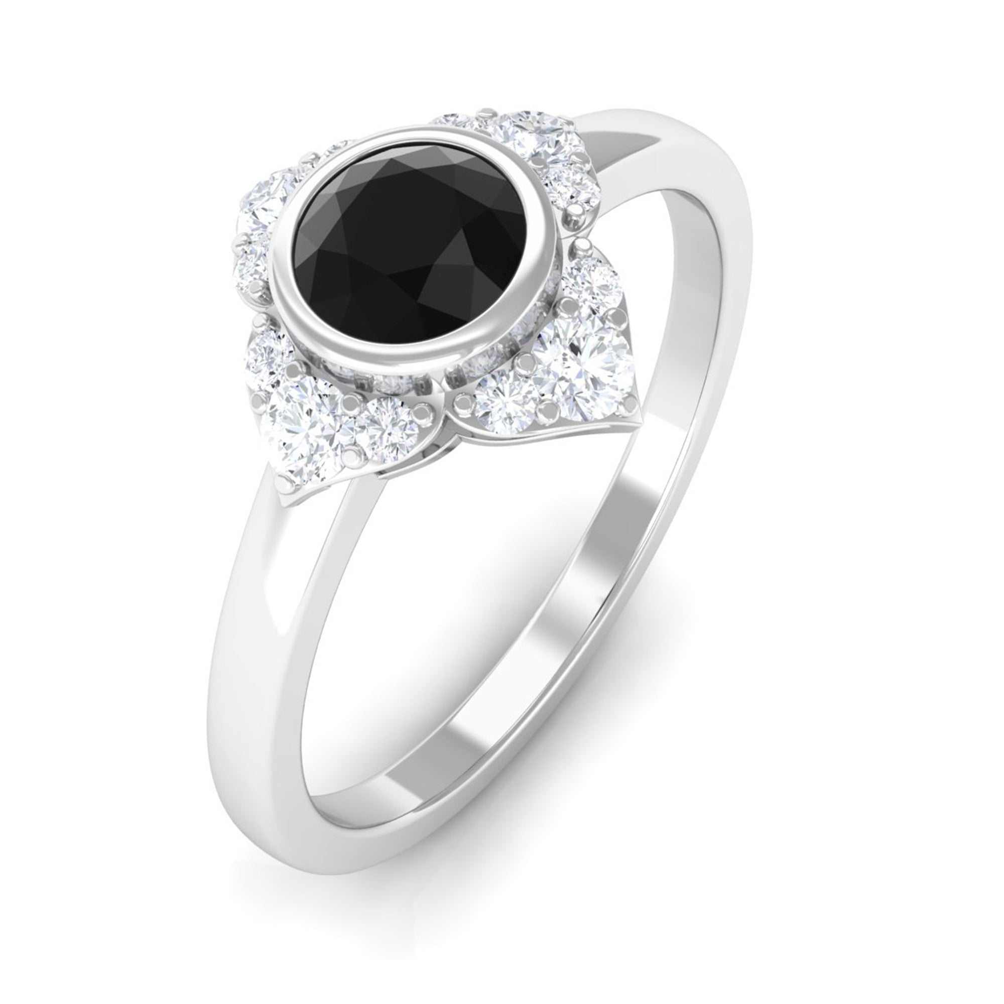 1/2 CT Bezel Set Black Spinel Flower Ring with Diamond Black Spinel - ( AAA ) - Quality - Rosec Jewels