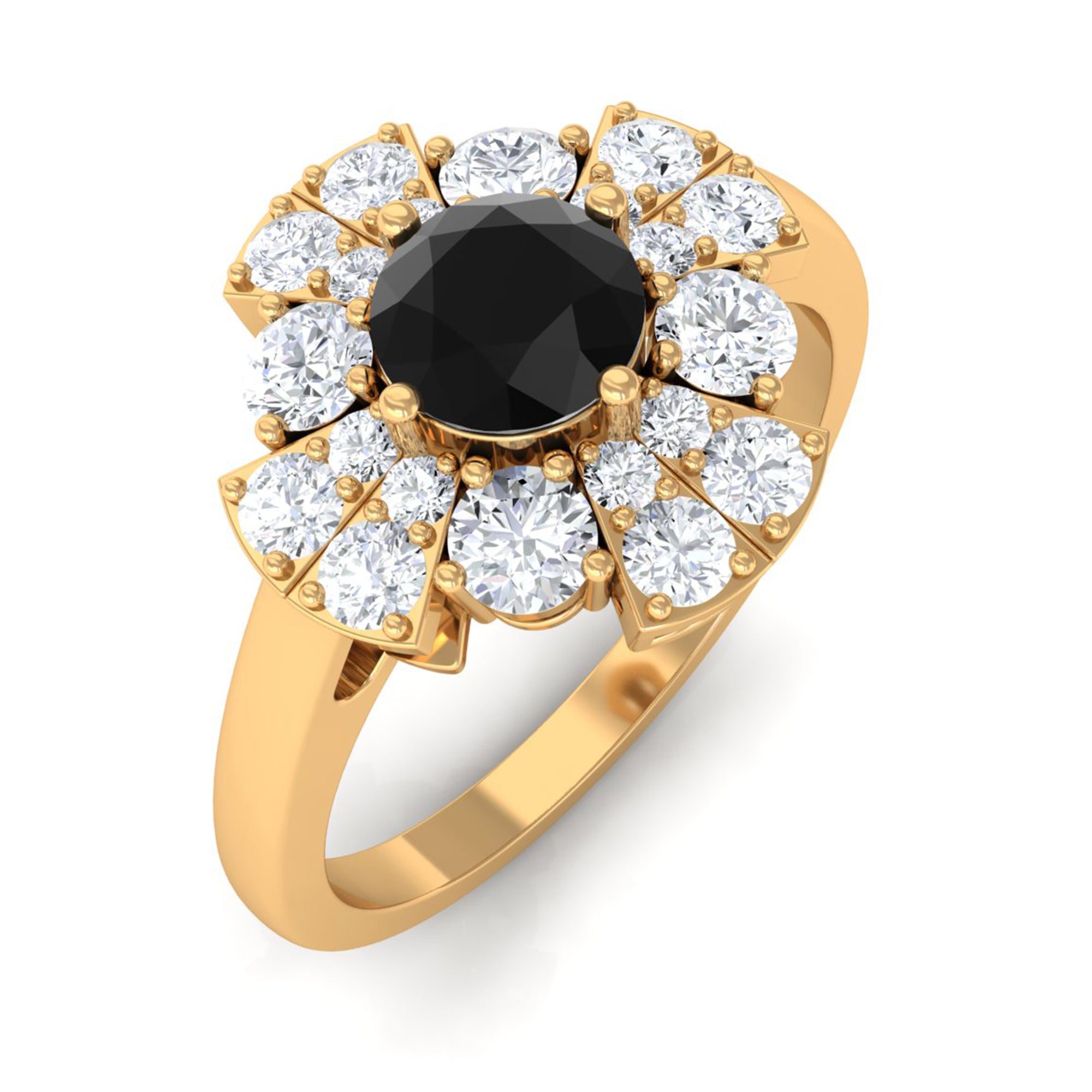 Black Spinel and Moissanite Flower Engagement Ring Black Spinel - ( AAA ) - Quality - Rosec Jewels