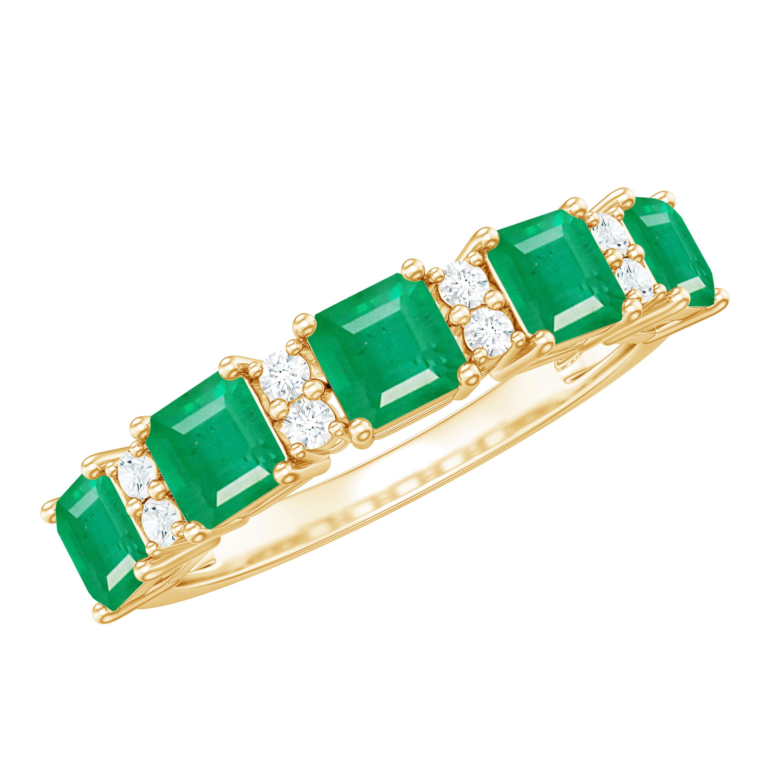 Asscher shape Emerald and Diamond Classic Wedding Band Ring Emerald - ( AAA ) - Quality - Rosec Jewels