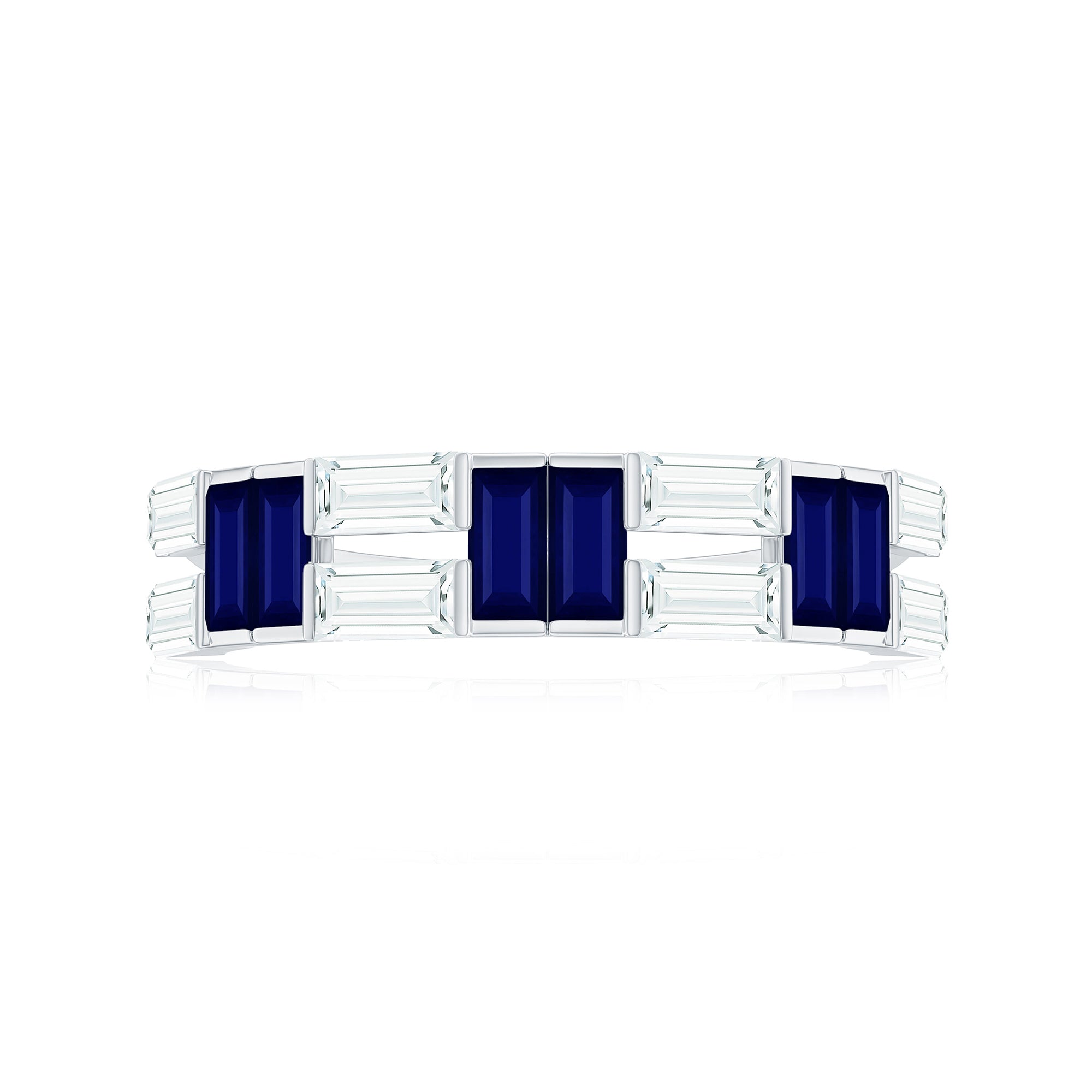 Baguette Cut Blue Sapphire and Moissanite Half Eternity Ring Blue Sapphire - ( AAA ) - Quality - Rosec Jewels