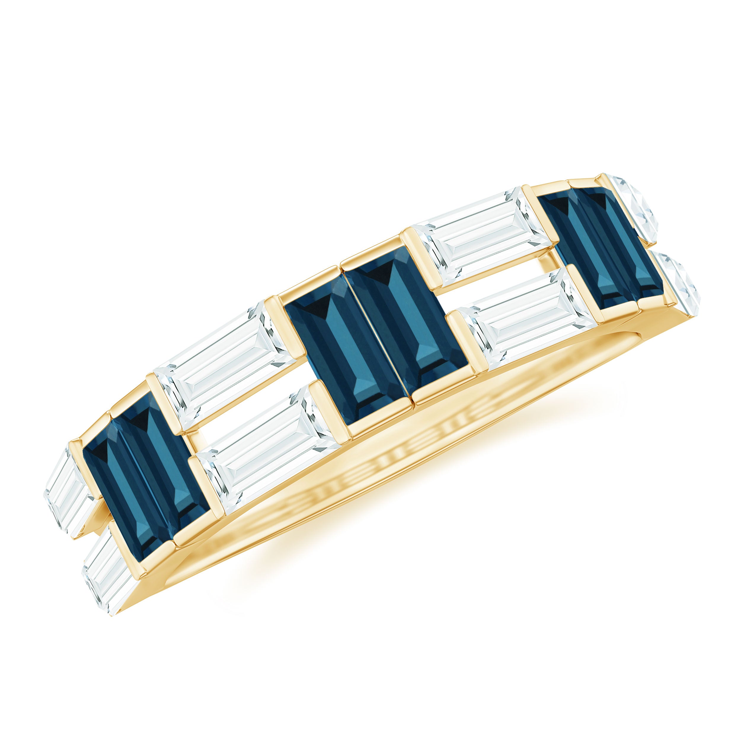 Baguette Shape London Blue Topaz and Moissanite Half Eternity Ring London Blue Topaz - ( AAA ) - Quality - Rosec Jewels