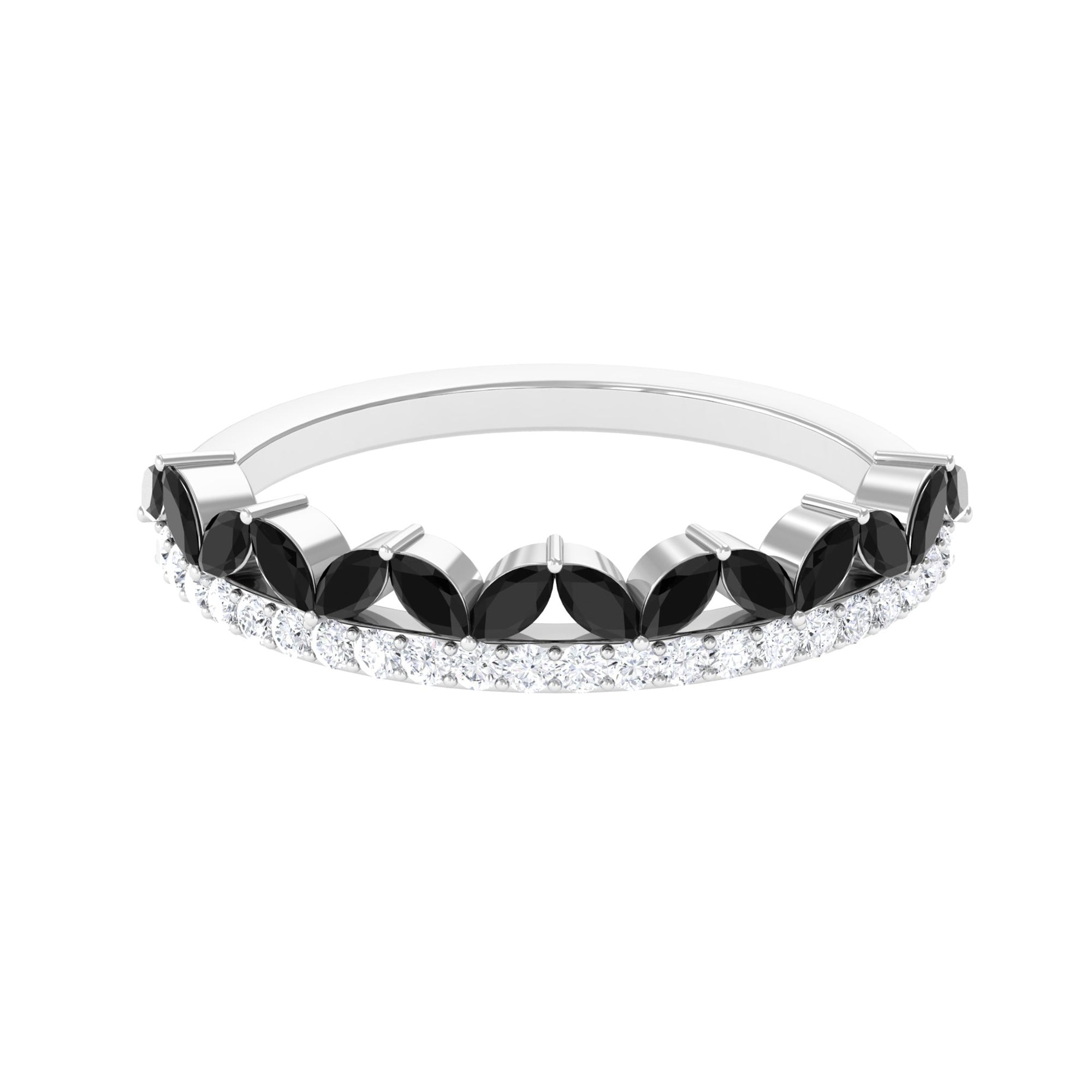 Crown Style Half Eternity Ring with Black Onyx and Diamond Black Onyx - ( AAA ) - Quality - Rosec Jewels