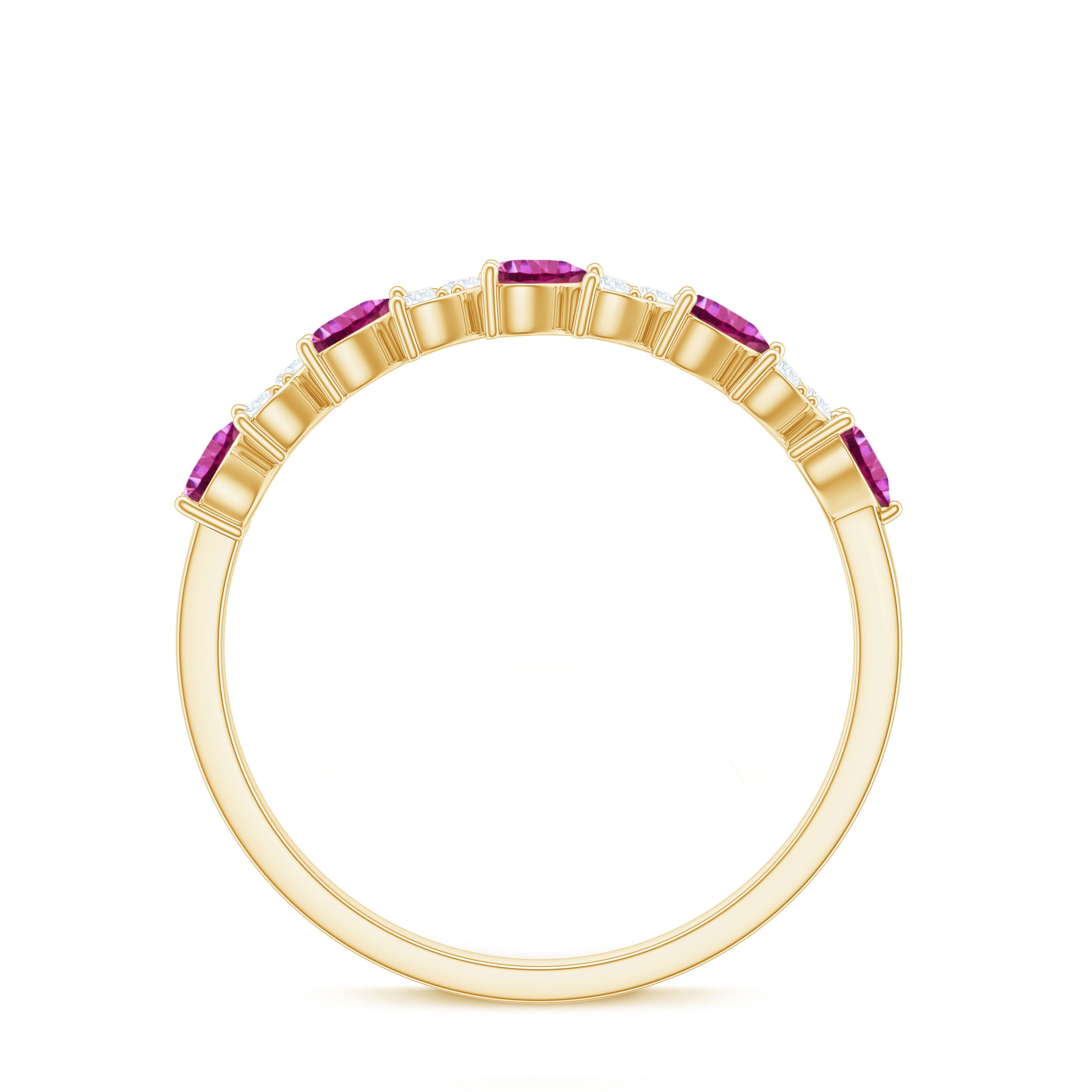 Heart Shape Half Eternity Ring with Pink Tourmaline and Diamond Pink Tourmaline - ( AAA ) - Quality - Rosec Jewels