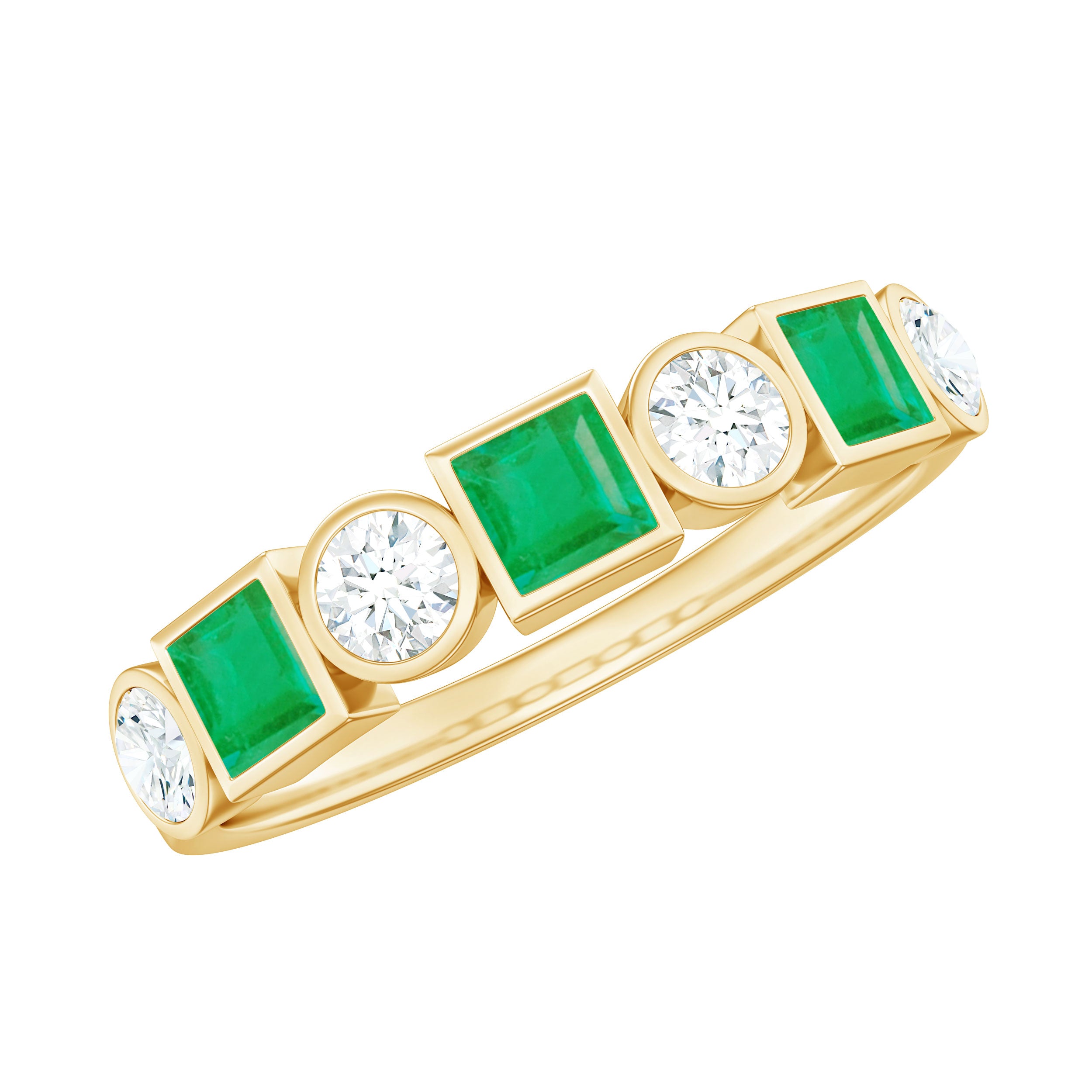 Princess Shape Emerald and Diamond Half Eternity Ring Emerald - ( AAA ) - Quality - Rosec Jewels