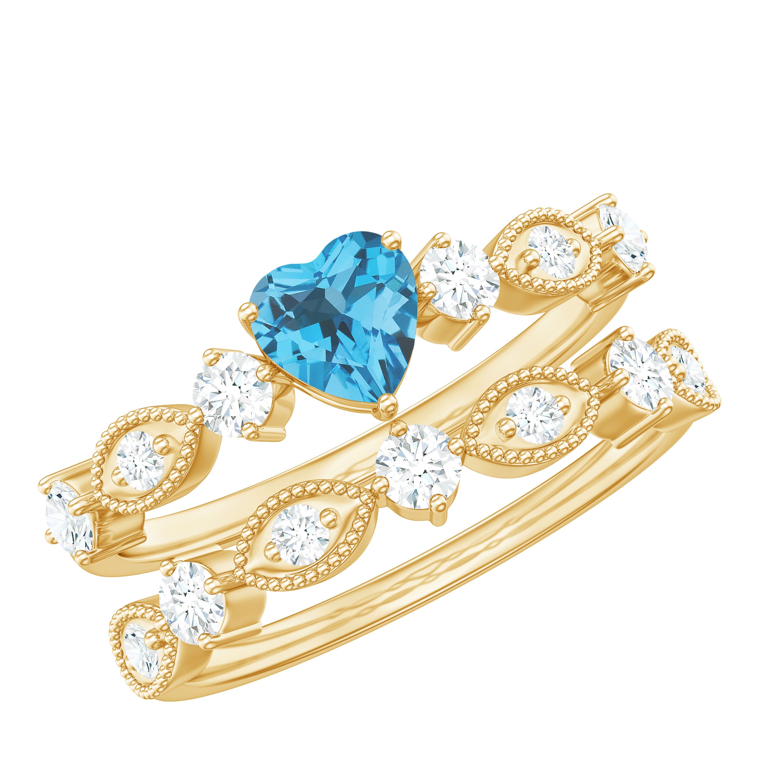 Heart Shape Swiss Blue Topaz and Moissanite Stackable Ring Set Swiss Blue Topaz - ( AAA ) - Quality - Rosec Jewels